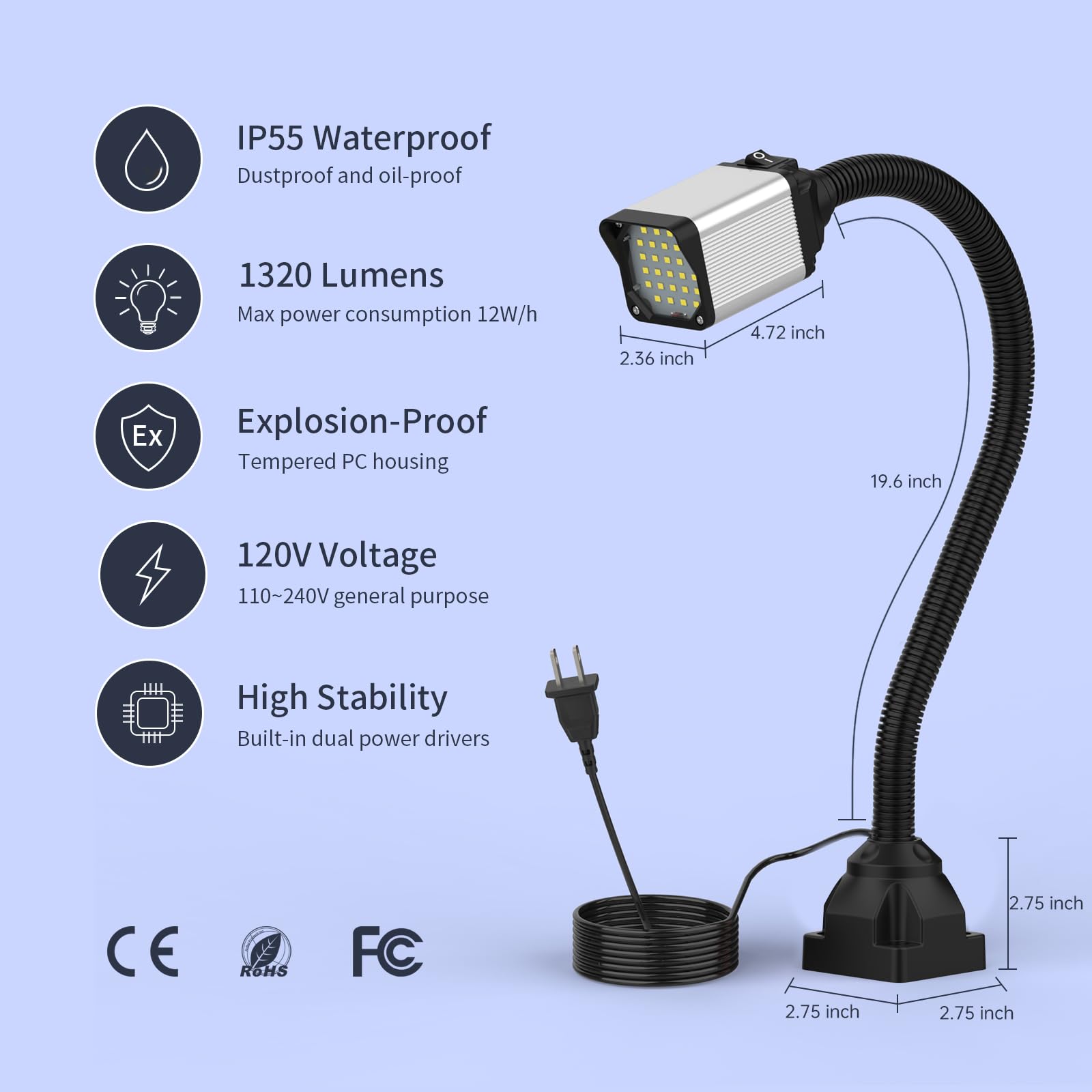 S SHUN CAN DA LED Lathe Work Light, 20in Flexible Gooseneck, 1200 Lumen, Black, Model 30E+6101, Base with 4 Screw