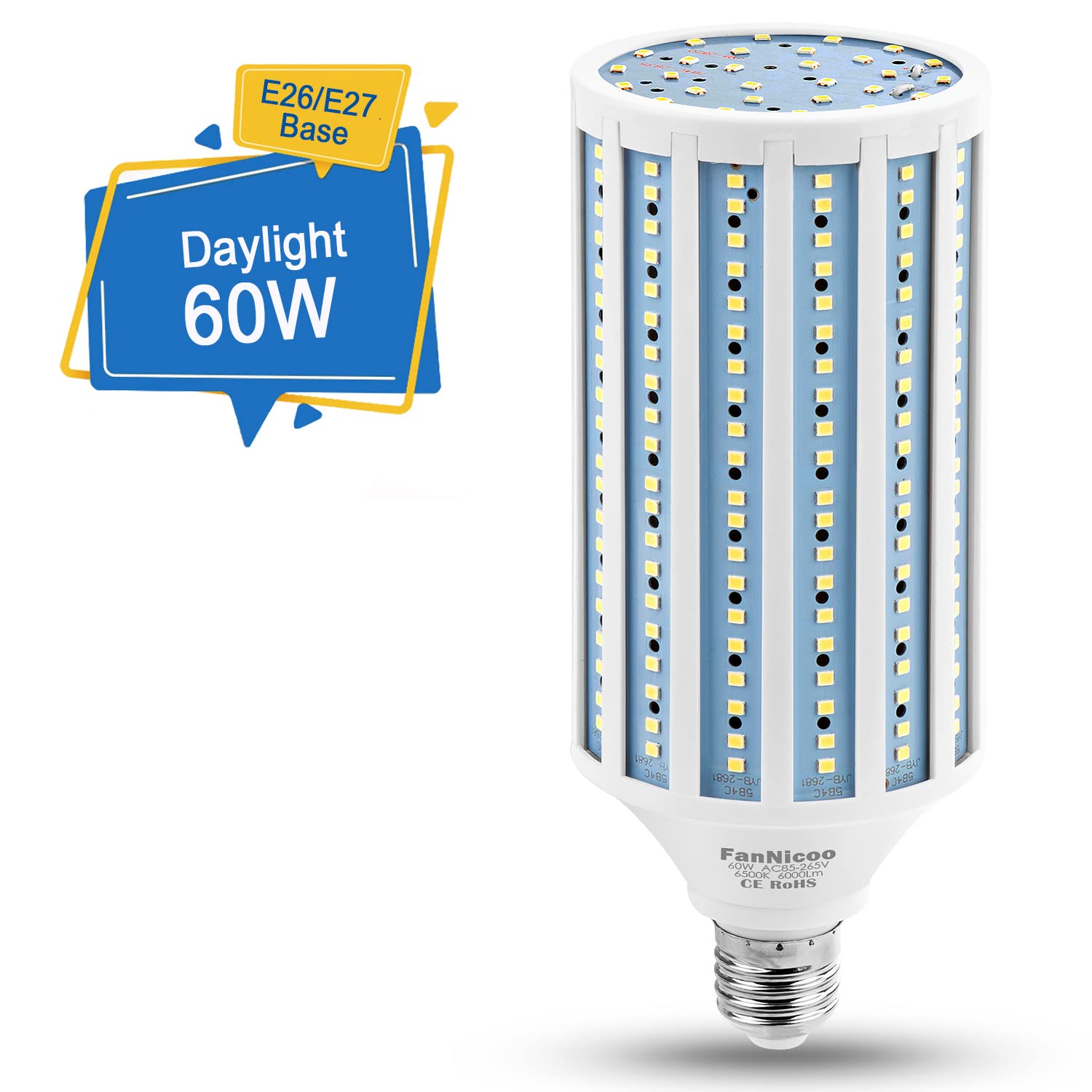 FanNicoo LED Corn Light Bulb 500W Equivalent 60W 6000 Lumen E26/E27 Cool Daylight White for Indoor/Outdoor Use