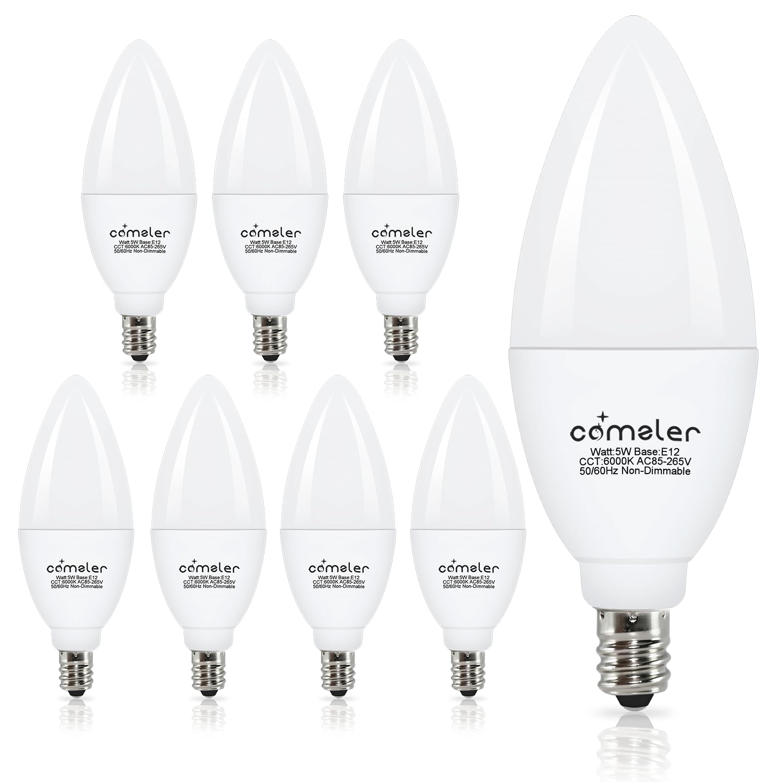 Comzler 8 Pack E12 Led Light Bulbs, 5 Watt 60 Watt Equivalent Led Candelabra Bulbs, 6000K Cool Daylight Ceiling Fan Light Bulbs,