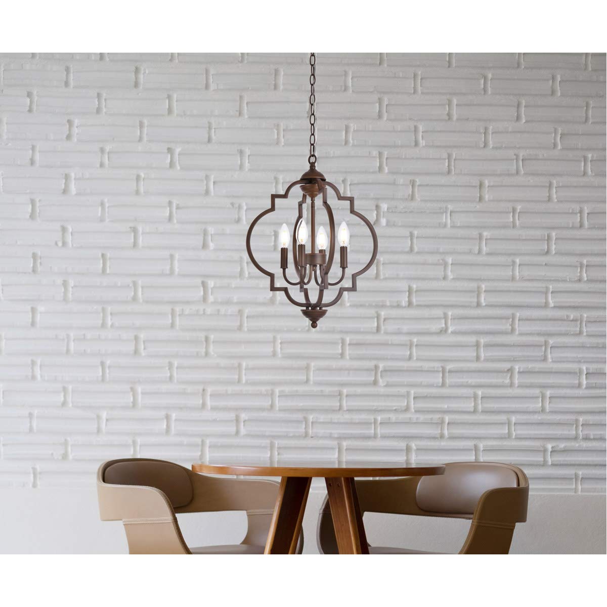 Elegant Lighting Living District Sandara 4-Light Mid-Century Metal Pendant in Weathered Oak