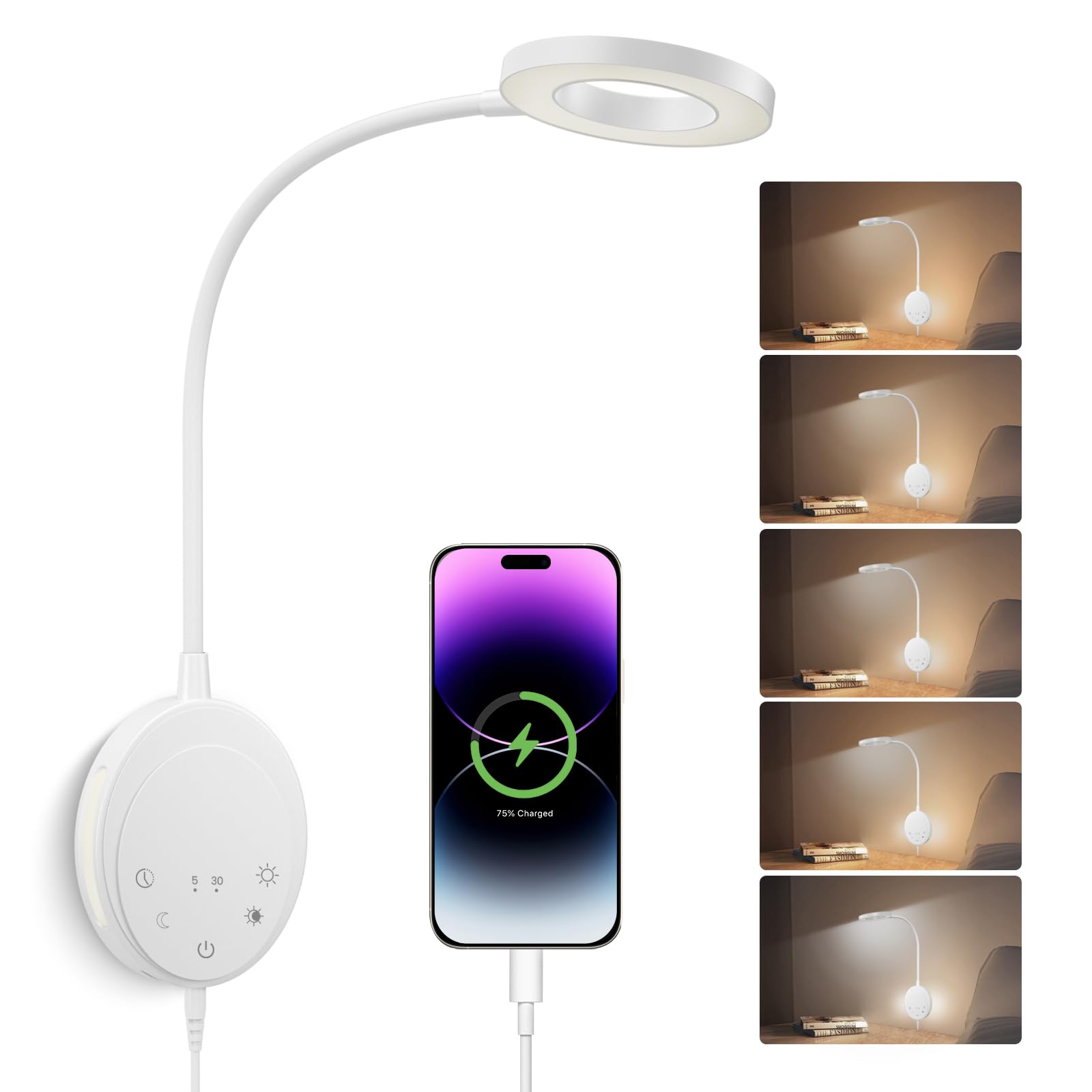 NoeiiT Wall Mounted Reading Light,Bedside Headboard Lights with 5 Color Temperature &5 Dimming,360Flexible Gooseneck,USB Output,