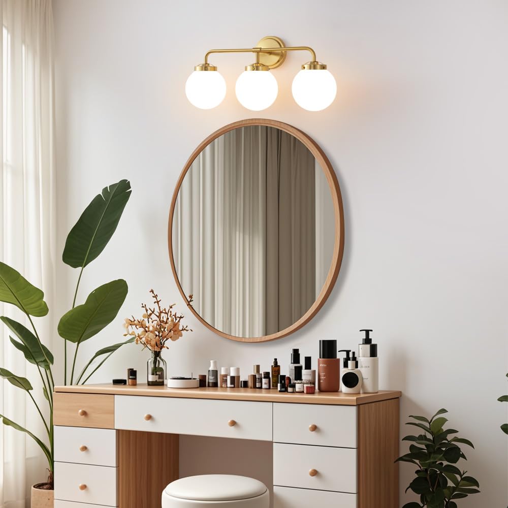 Deyidn Gold Bathroom Vanity Light Fixtures Over Mirror, Modern Brass 3 Lights Wall Sconce With Milky Glass Ball Shade, Mid Centu