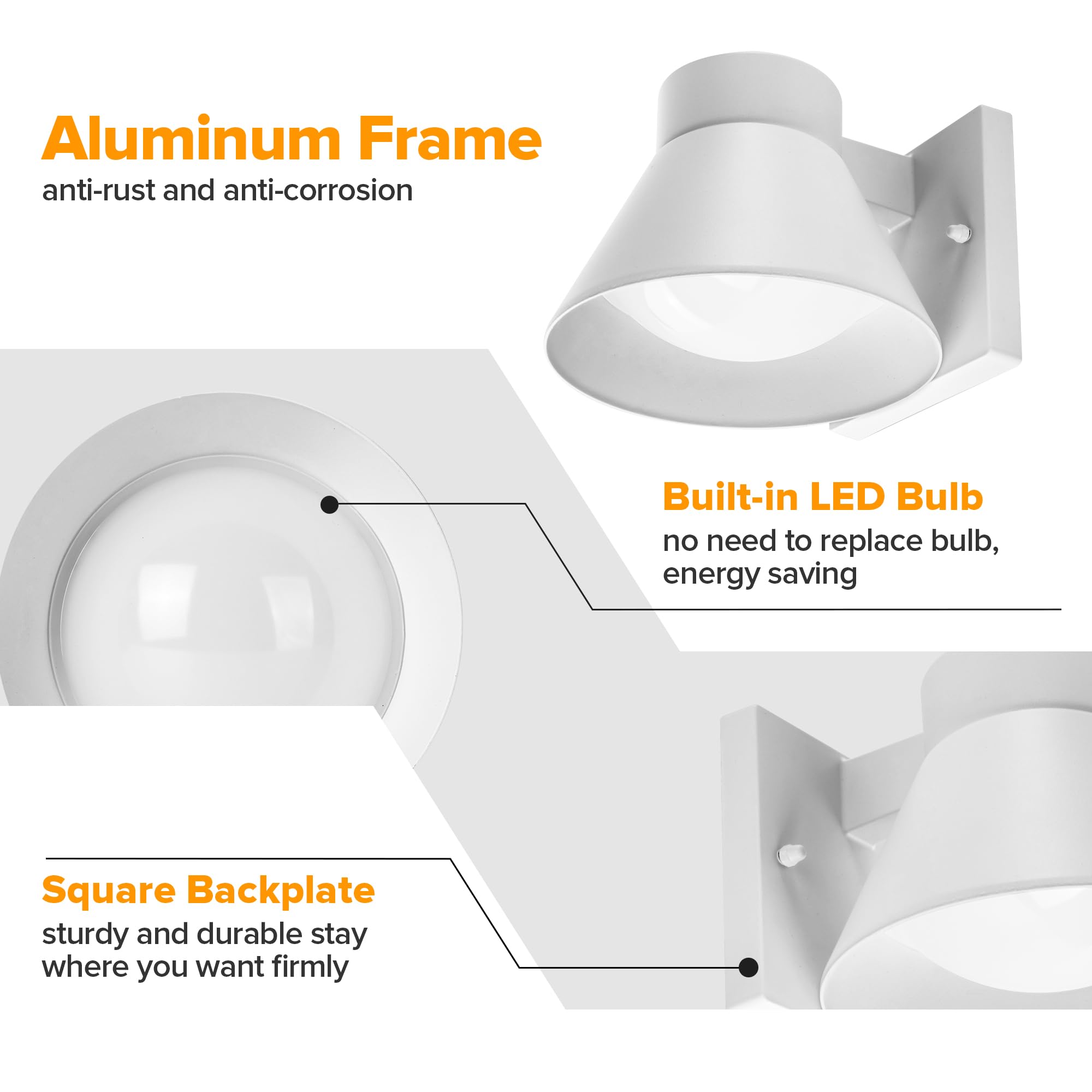 Ume 2 Pack Led Outdoor Wall Light Fixtures, White Front Porch Lights Wall Mount Lighting, Exterior Waterproof Wall Lantern Light