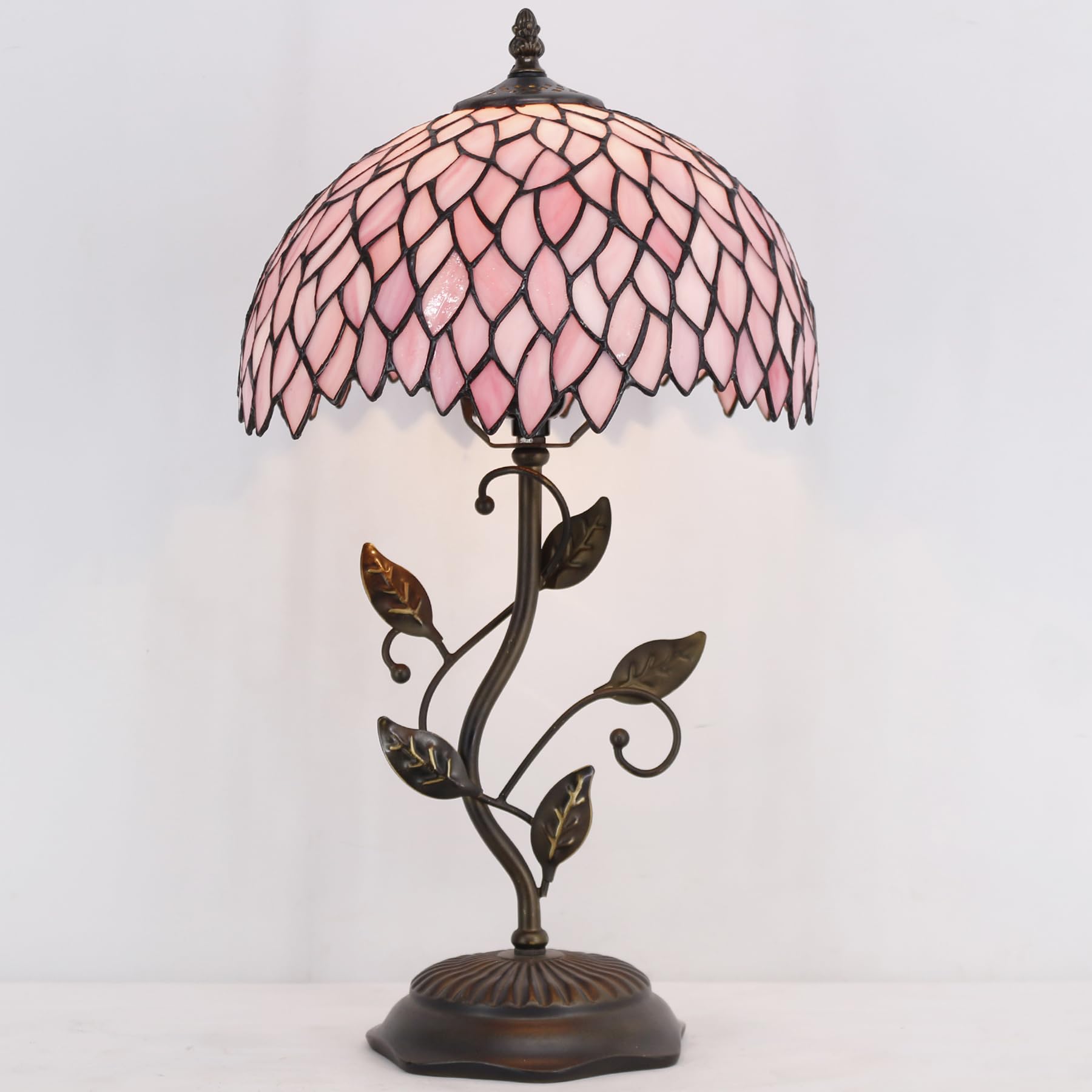 Lxhcyou Tiffany Table Lamp, Stained Glass Desk Light, W12H19 Inch, Metal Leaf Base (Pink Wisteria)