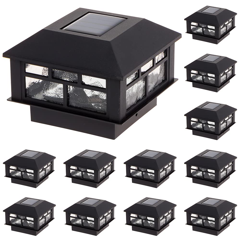 GreenLighting Solar Post Cap Lights - Waterproof Black, 12 Pack, Fits 4x4 & 5x5 PVC/Vinyl, Bright LED, Outdoor Landscaping & Garden