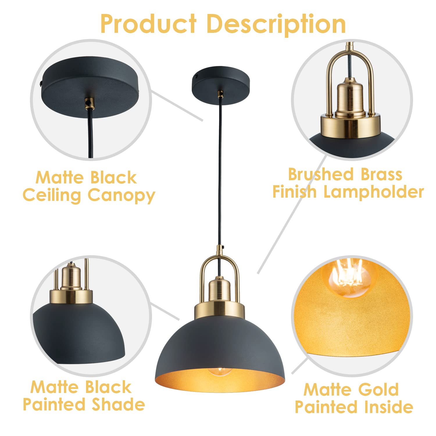 YHANFENGCY Vintage Pendant Light Black and Gold 9.84in Brass Socket Industrial Dome for Kitchen Island, Dining Room, Bedroom