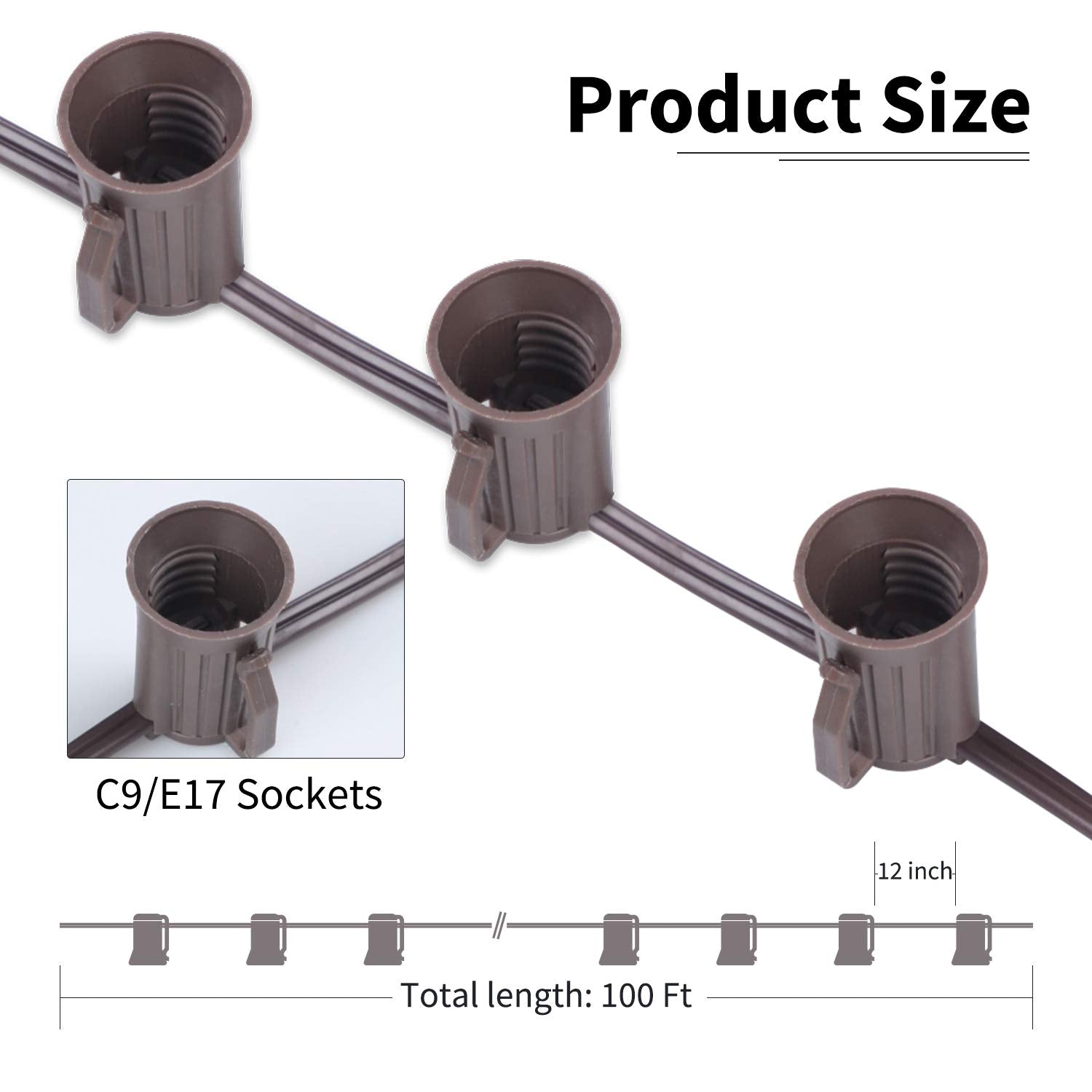 C9 Light Strand 100 Ft For E17-12 Spacing, Outdoor String Light Christmas Stringer With 100 Sockets For Patio (Brown)