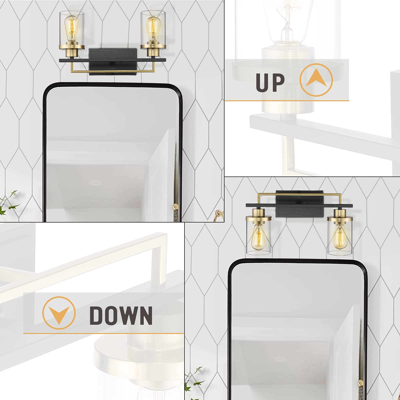 Emliviar 2-Light Gold Bathroom Vanity Light Fixture, Black & Gold With Clear Glass