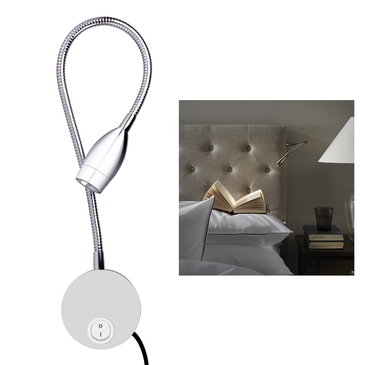 Alldio Plug in Wall Sconce - Minimalist LED Bedside Reading Lamp, 3W, Silver, Model 8541999399