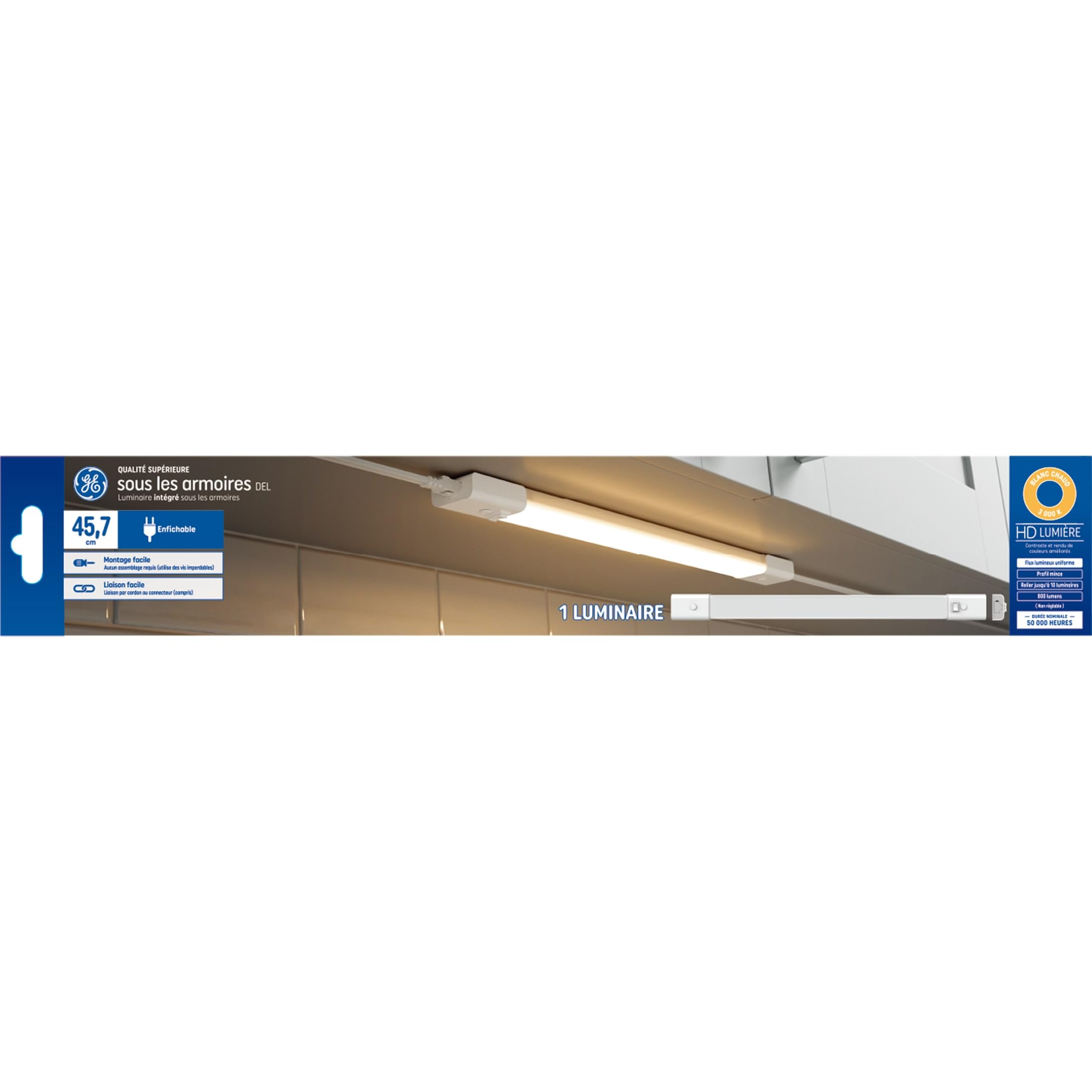 GE LED Undercabinet Light Fixture, Linkable Integrated Plug-In Fixture, Warm White, 18in (1 Pack)