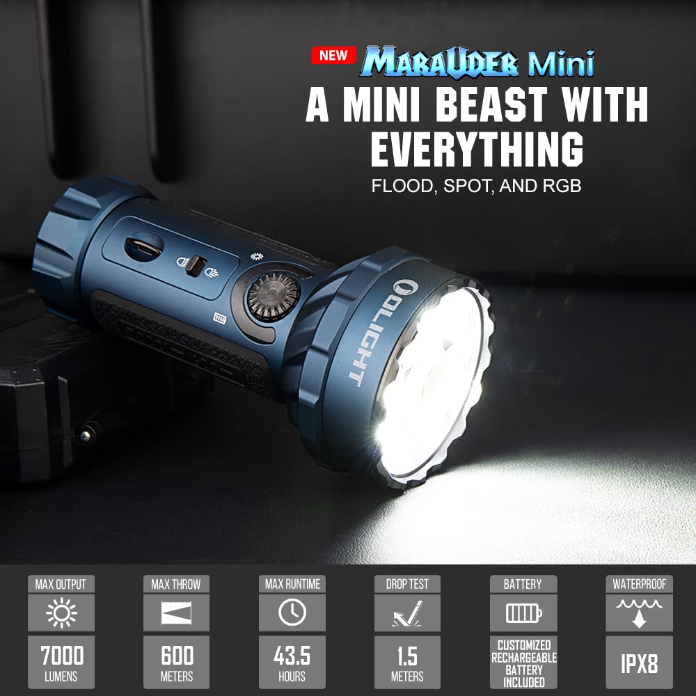 OLIGHT Marauder Mini Flashlight, 7000 Lumens, 600m Beam, Magnetic Rechargeable, Aluminum, Midnight Blue, Model O-MARAUDERMINI-NW-US#F