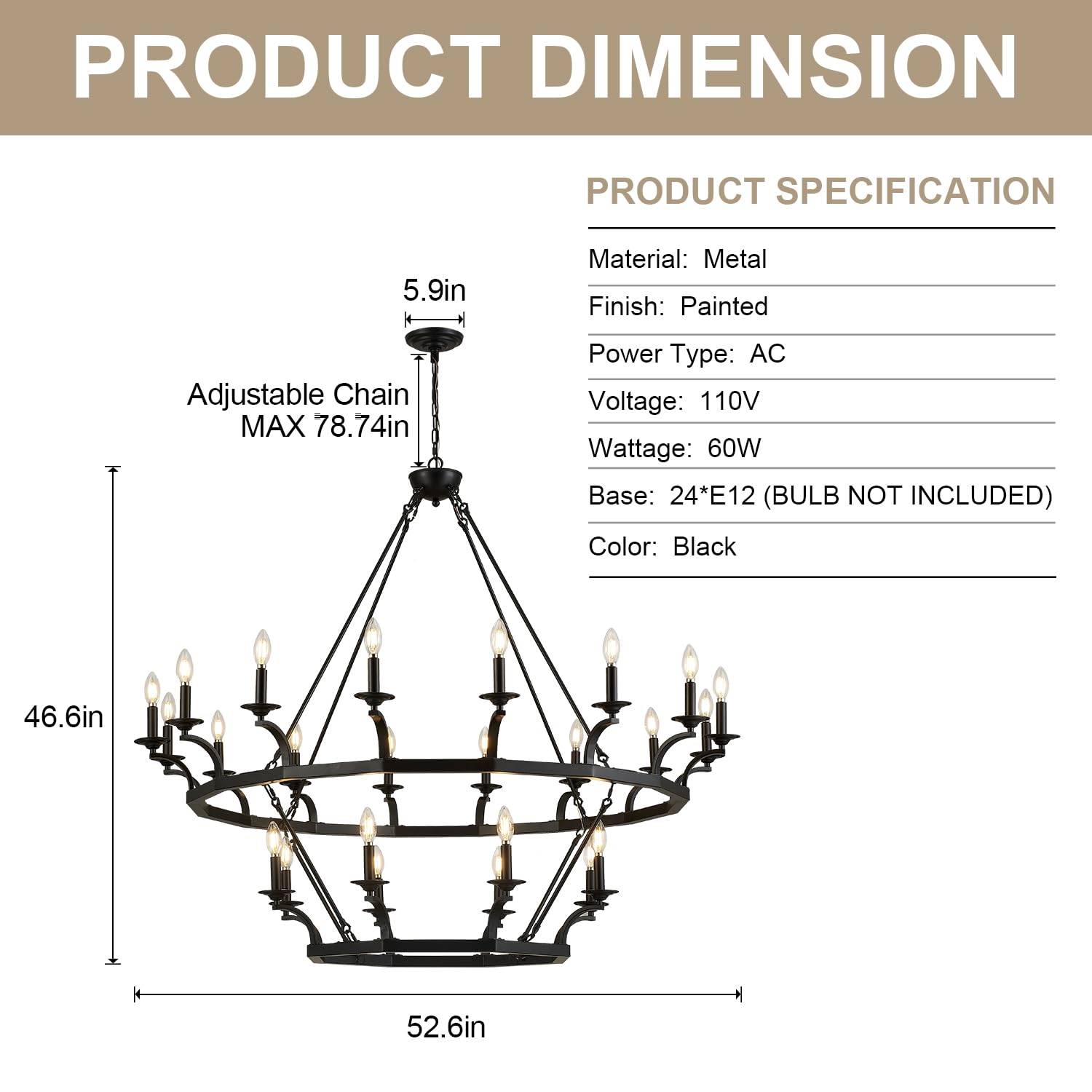 Brfaixla 2 Tiers 24 Lights Large Wagon Wheel Chandelier 52.6'' Rustic Black Metal Ceiling Pendant Light Fixture Industrial Chand