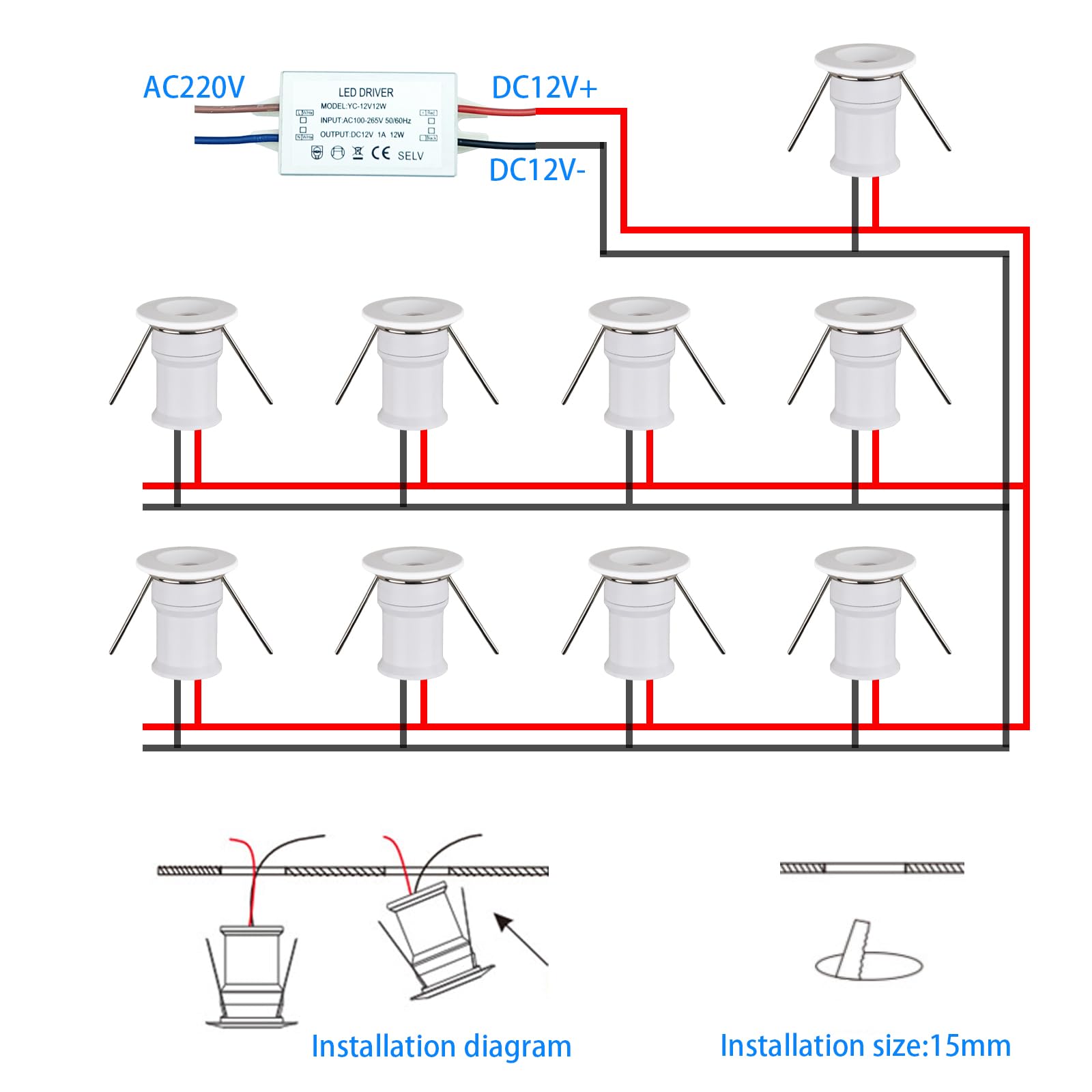 HHTUN LED Mini Spotlight 120° 1W Aluminum DC12V 75lm 3000K White Model HT-902, 9-Pack for Cabinet Lighting