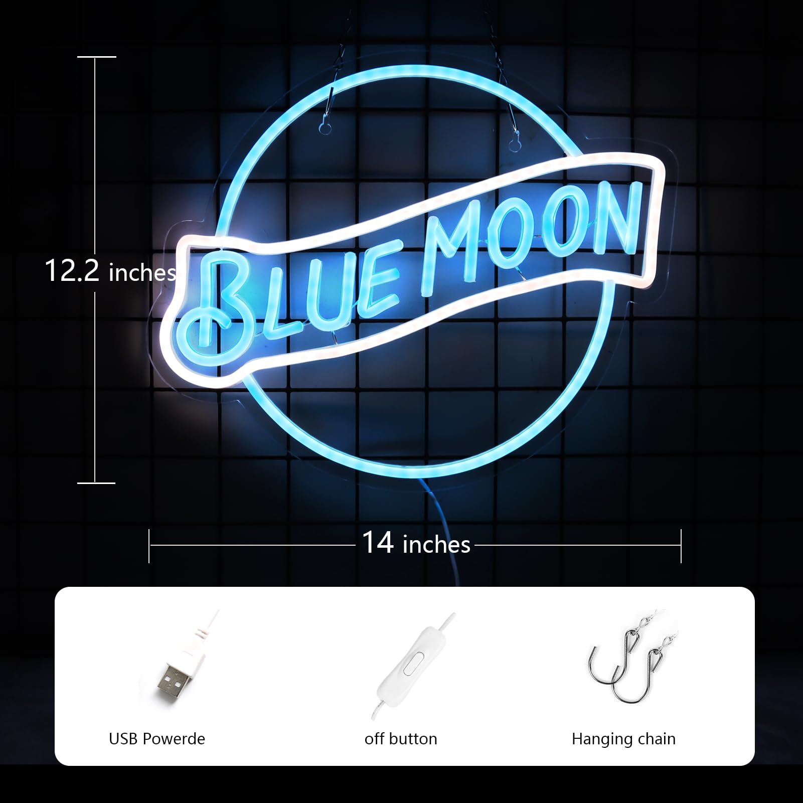 JFLLamp Neon Sign - Blue Moon Wall Decor, 14x12.2 inches, Glass, Azure & White, Perfect for Bedroom, Man Cave, Pub, Restaurant, Gift