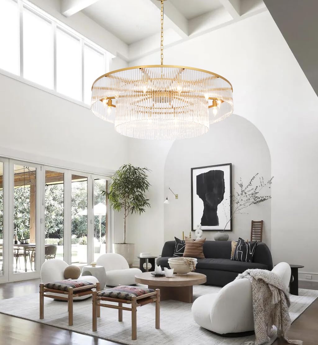 Akeelighting Modern Glass Chandelier Gold Chandeliers For High Ceiling Foyer Entryway Hanging Large Light Fixture For Grand Livi