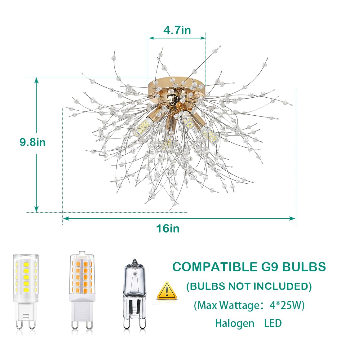 HMVPL Gold Crystal Flush Mount Ceiling Light, 4-Light Brass Mini Chandelier, K9 Crystal, Model 230401B1