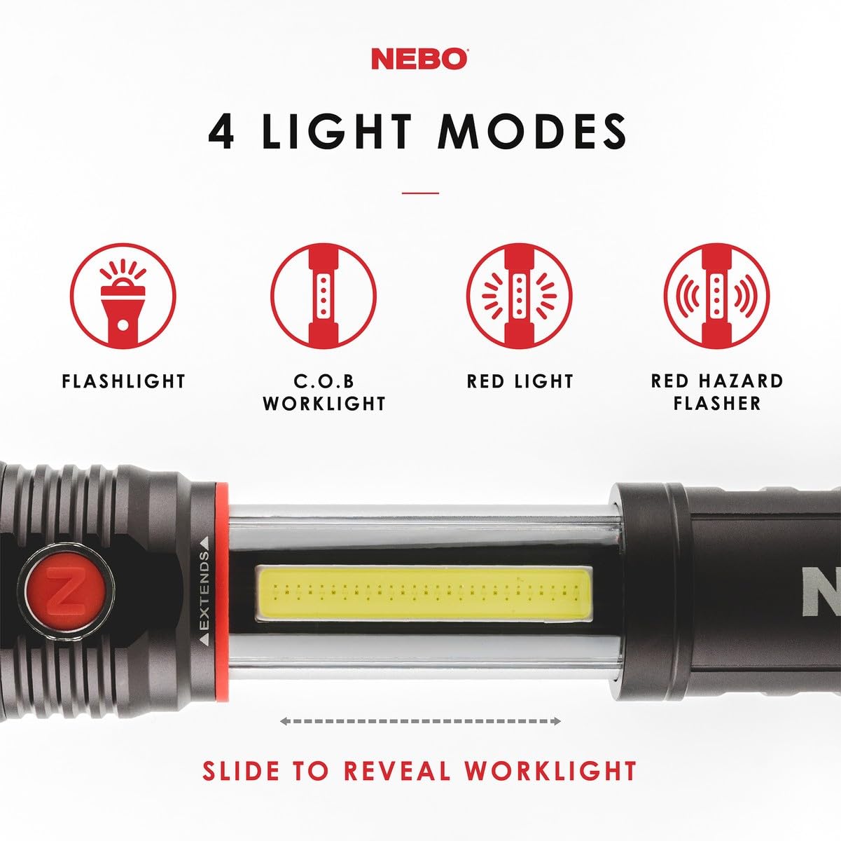 NEBO SLYDE+ Tactical LED Flashlight, 400-Lumen, Aluminum, Red, Model NEB-WLT-0006, with Magnetic Base & Slide-To-Reveal Work Light