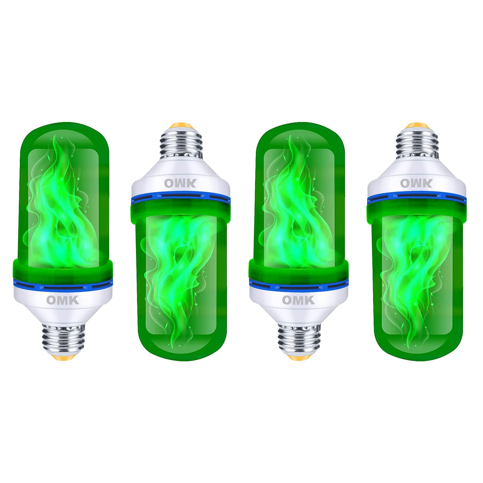 OMK 4 Pack Green Light Bulbs Flame LED Light Bulbs Flickering/Breathing/Ligting/Gravity 4 Modes Flame Bulb for Bars Hotel Yard Porch Christmas Halloween Party Outdoor Decorative Light Bulbs