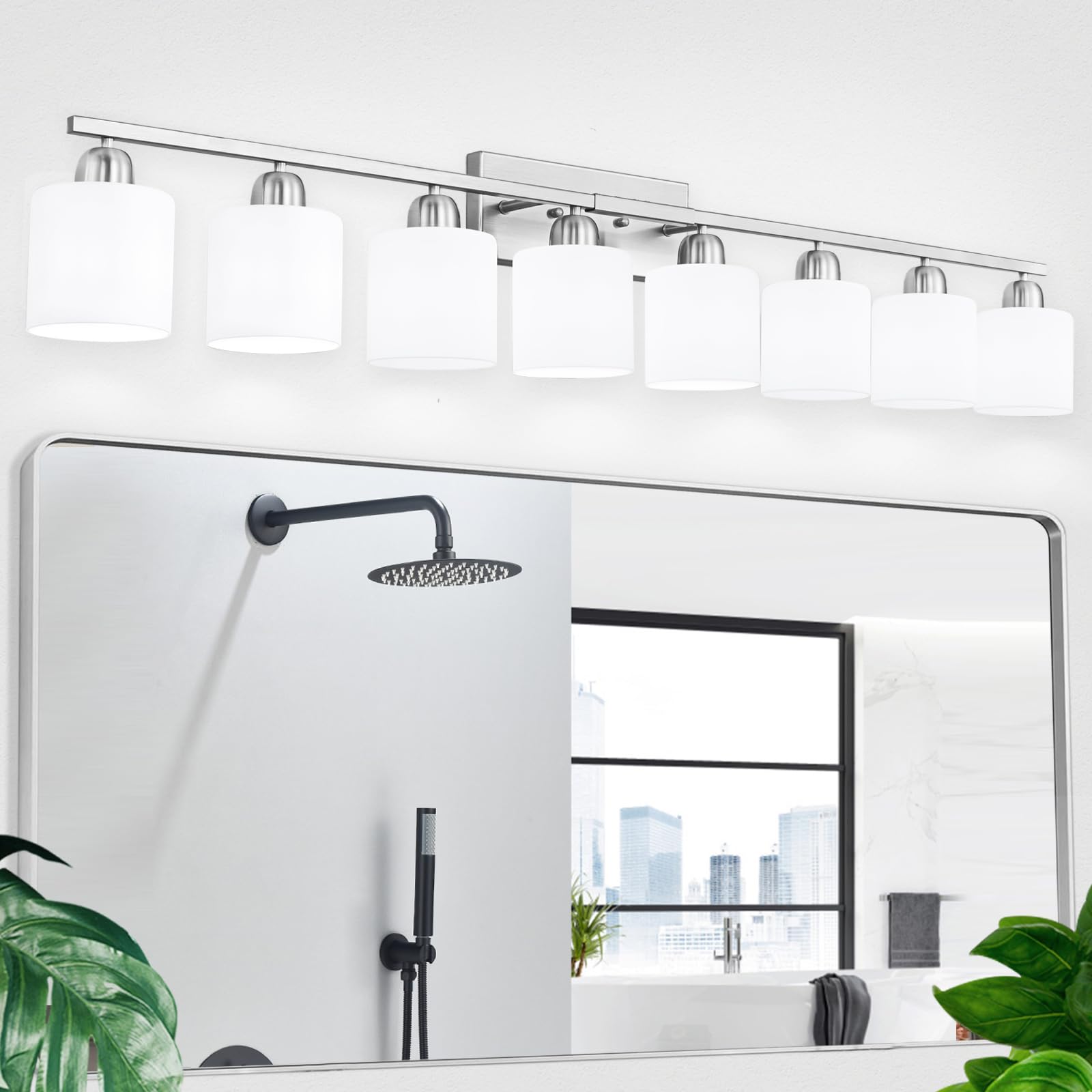 FAISHILAN 8-Light Brushed Nickel Bathroom Light Fixture with Frosted Glass Shades, 51 Inch, E26 Socket, Model FSL-212--NBN-8