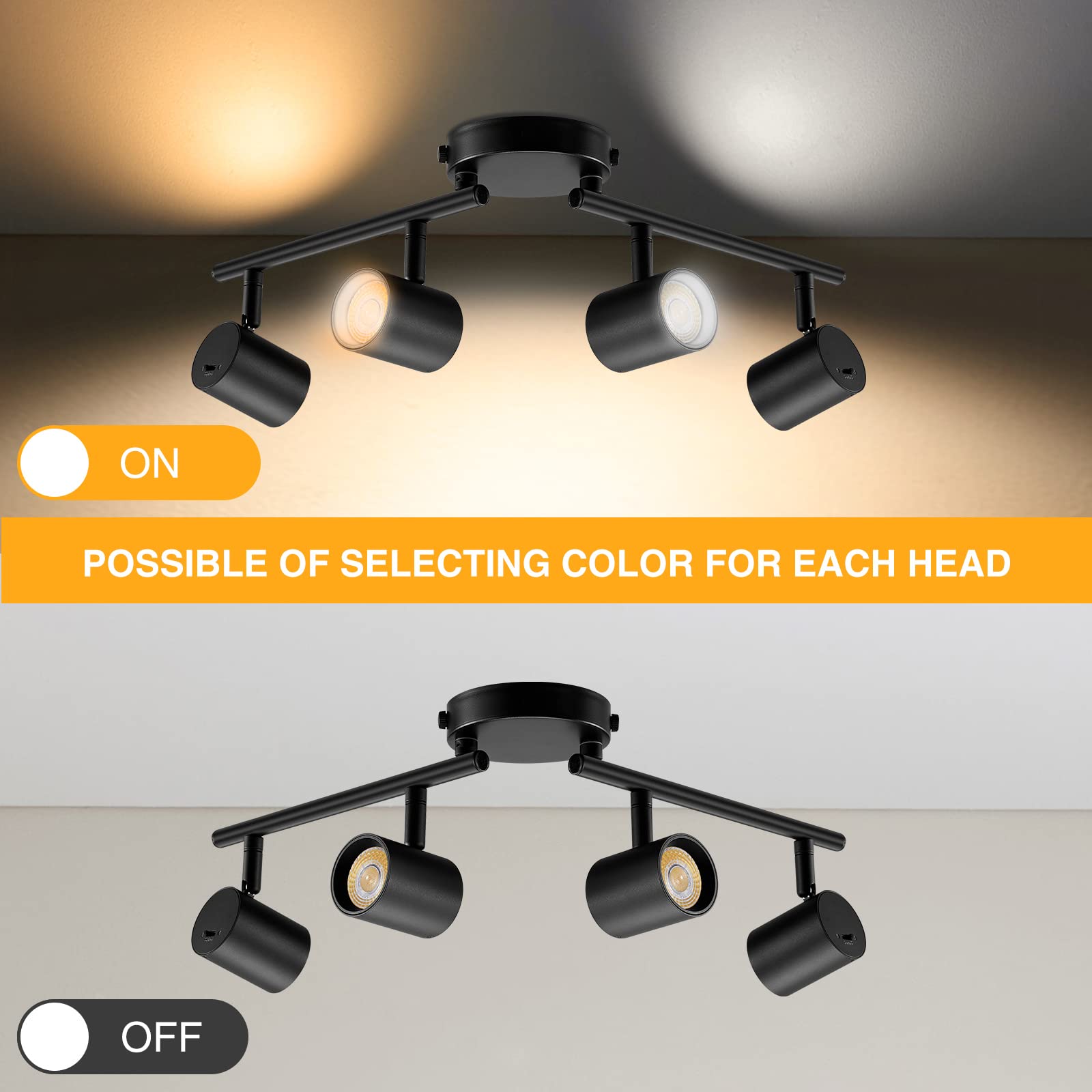 Vanoopee 5-Color 4 Light Black Led Track Lighting Fixtures Ceiling For Kitchen, Dimmable Track Lighting Kit, Ceiling Spotlight F
