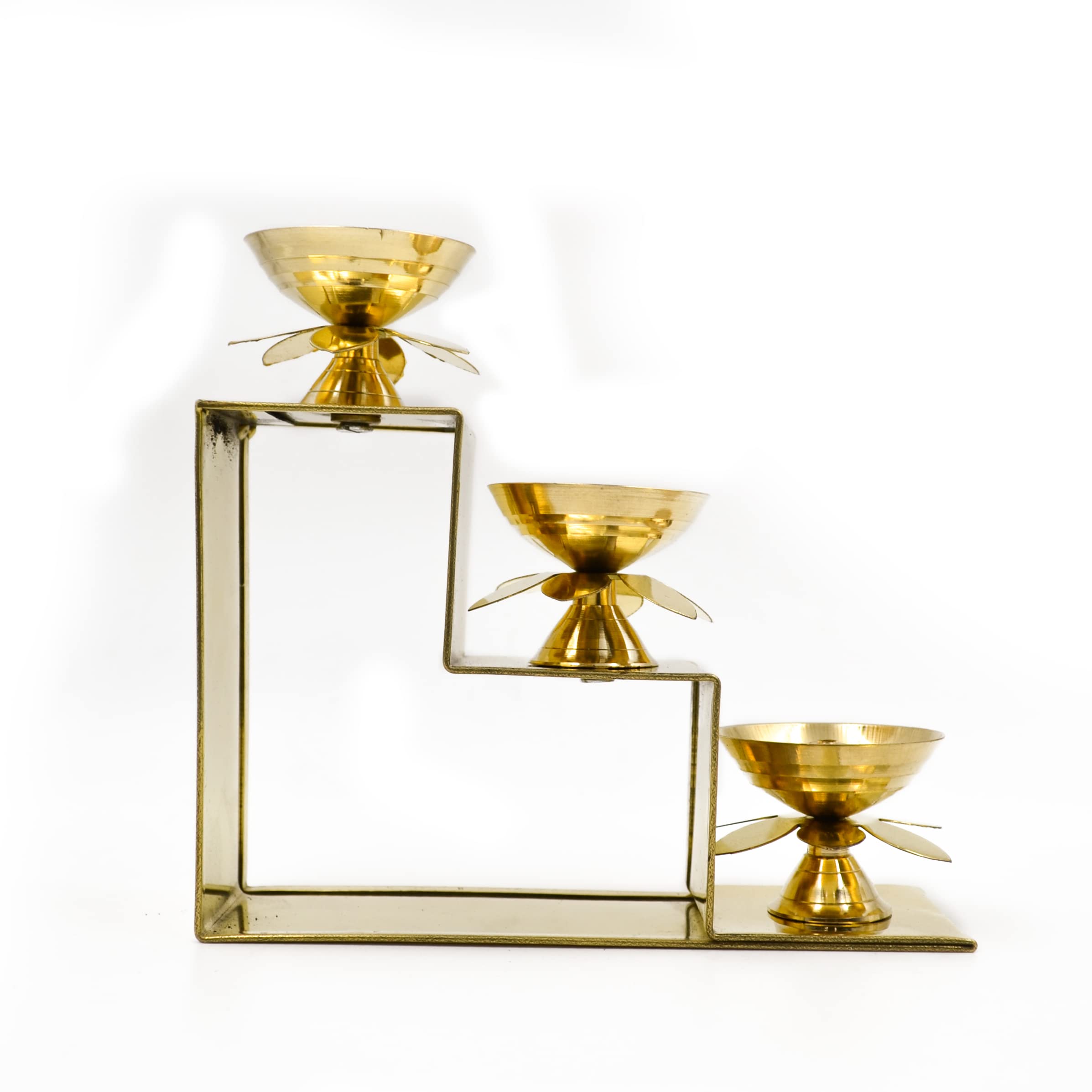 CraftVatika Brass Lotus Diya Oil Puja Lamp Piller Stand 3 Step Diya for Home Temple Pooja Articles Decor Gifts (1Pcs)