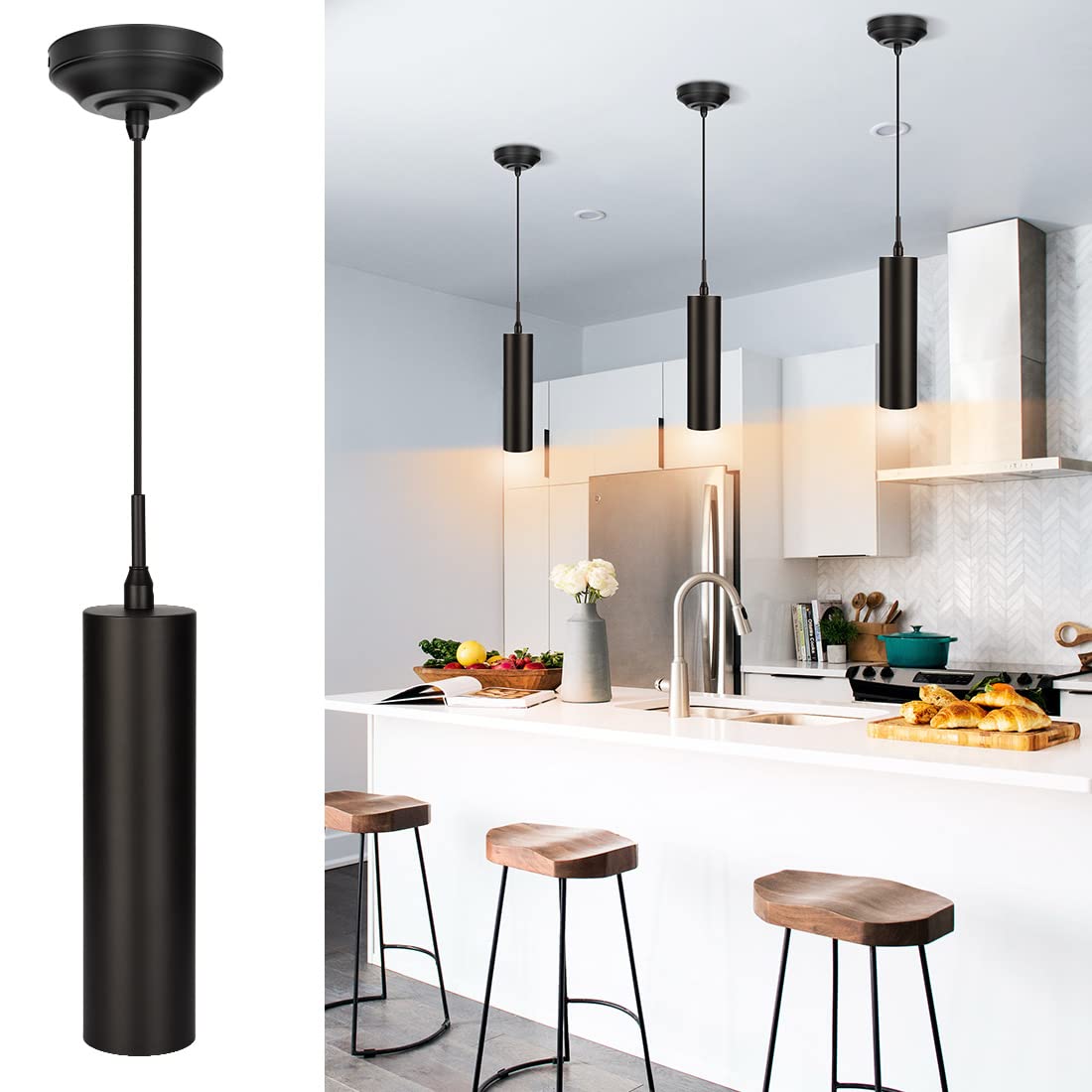 DAKASON Black Pendant Light, LED Modern Pendant Light Fixture for Kitchen Island, Industrial Pendant Lighting for Dining Room, V