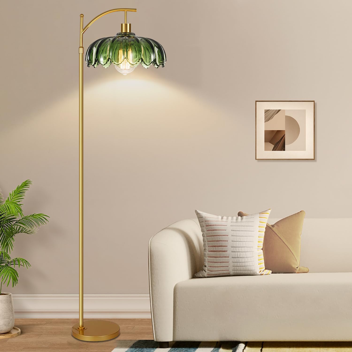 ILLMTW Gold Floor Lamp - Mid Century Modern Dimmable Tall Lamp with Remote, Vintage Green Glass, Bohemian Style, Model SC-JZX-LDD-HYZM