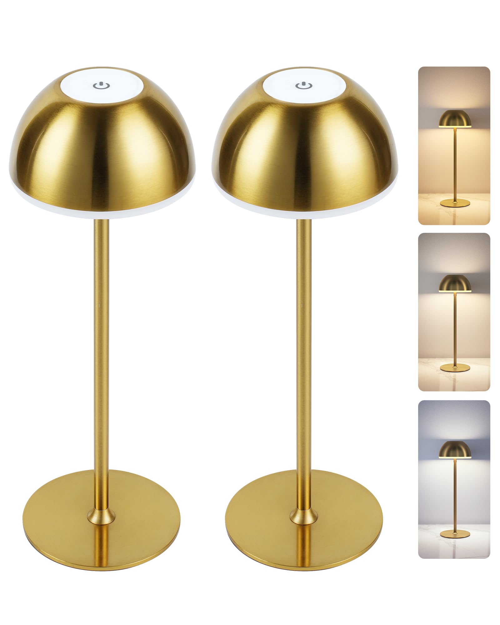 EZVALO Cordless Table Lamp, LED, Touch Control, Stepless Dimming, 2 Pack, Gold, Model TL02