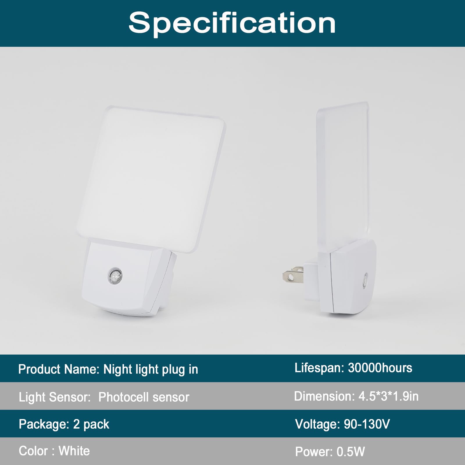 2 Pack 0.5W Plug in LED Night Light with Dusk to Dawn Sensor Daylight Cool White