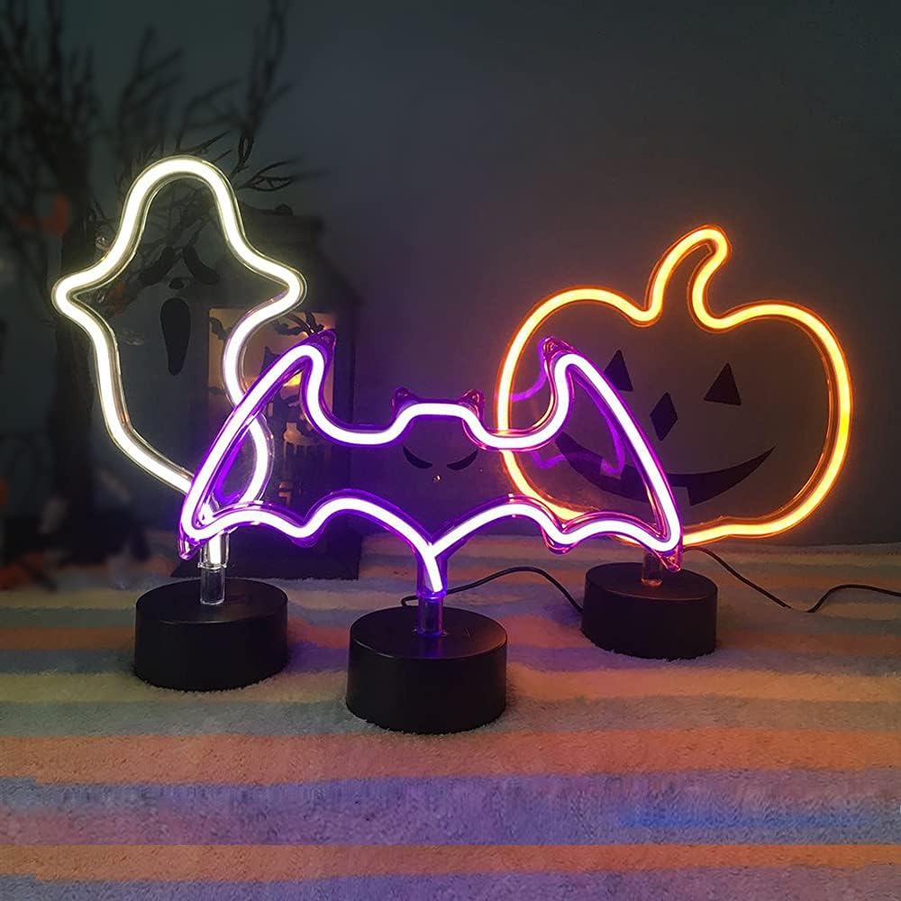 Halloween D  cor Cute Ghost Neon Sign, Spooky White Ghost Table Decor, USB or Battery Powered Halloween Neon Light for Bedoom,Ki