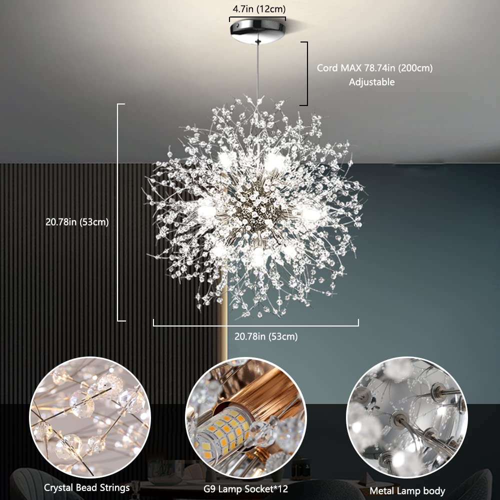 Mivenda Modern Crystal Chandeliers 12-Light Chrome Dandelion Light Fixture,Firework Chandelier,Personalized Ceiling Hanging Ligh