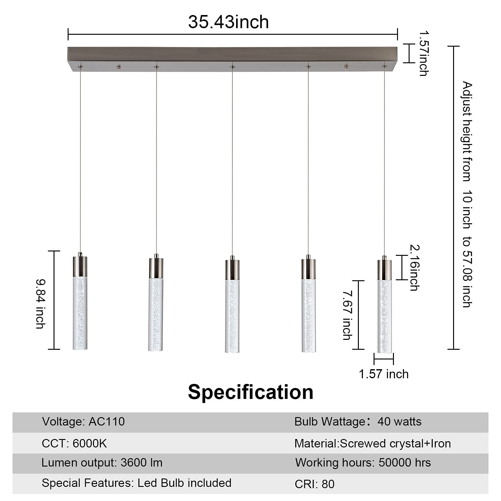 Votag 5-Light Pendant Ceiling Light Fixture For Kitchen Island  Modern Pendant Lighting For Kitchen Island Integrated Dimmable Led Hanging Light With Crystal 40W 6000K For Kitchen