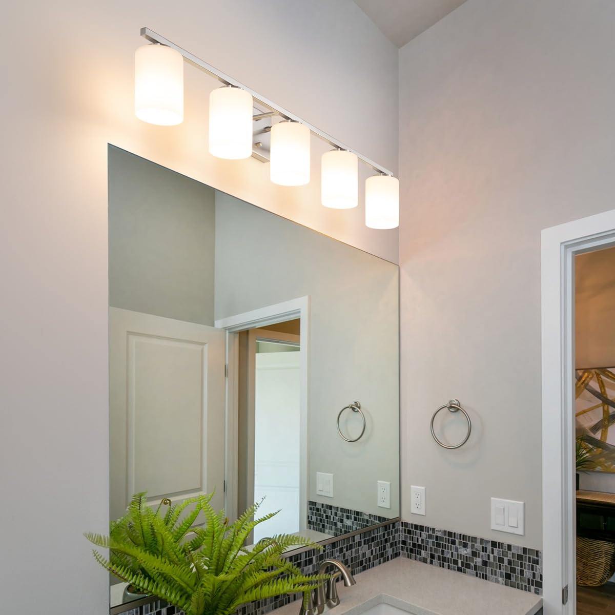 Mirrea 42" 5-Light Modern Bathroom Vanity Light, Brushed Nickel, Etched Glass Shades
