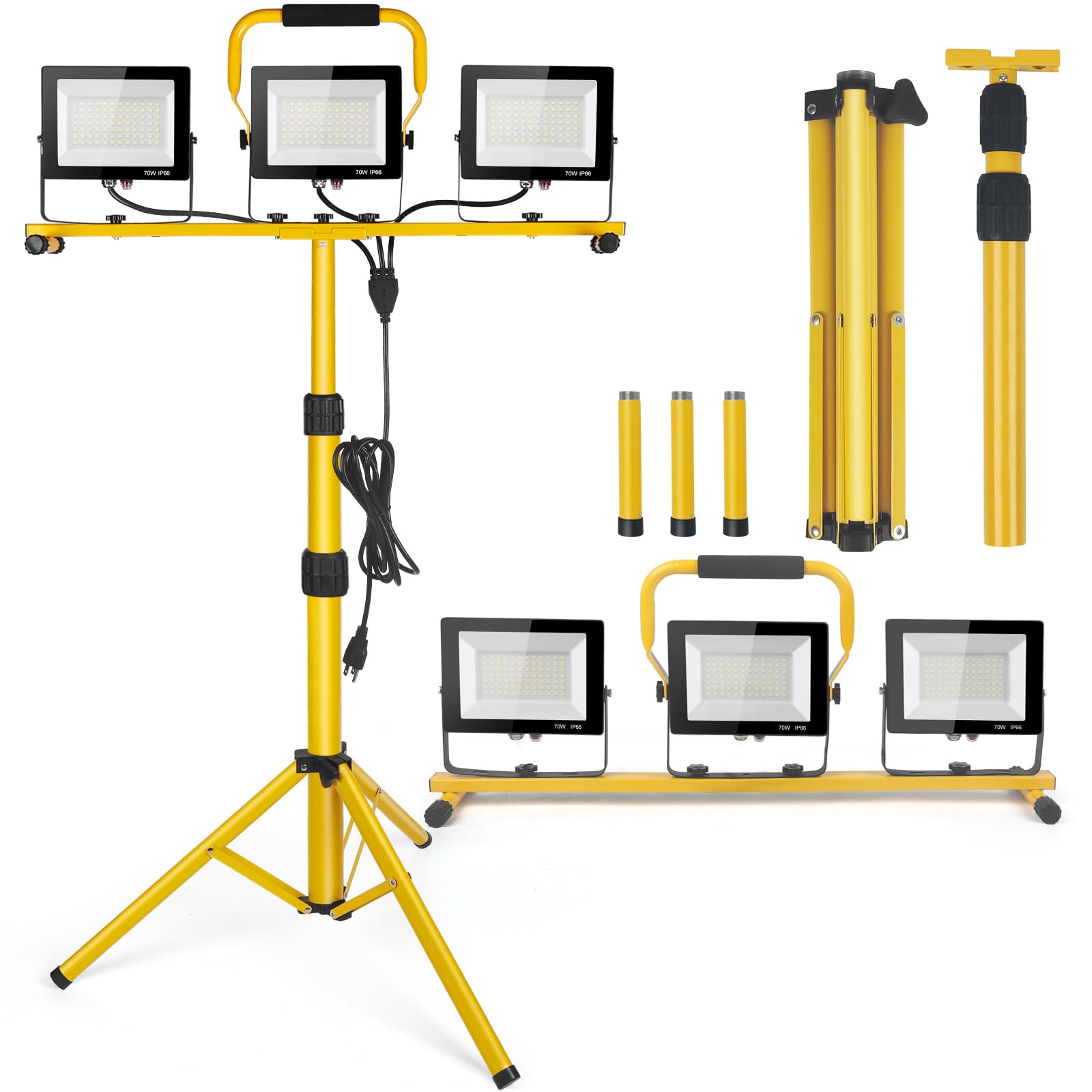 14000Lumen Led Work Lights With Stand - 2 Head Portable Work Light On Stand - Ip66 Waterproof Tripod Worklights For Outdoor Indoor Job Site Workshop Garage Construction Site Lighting