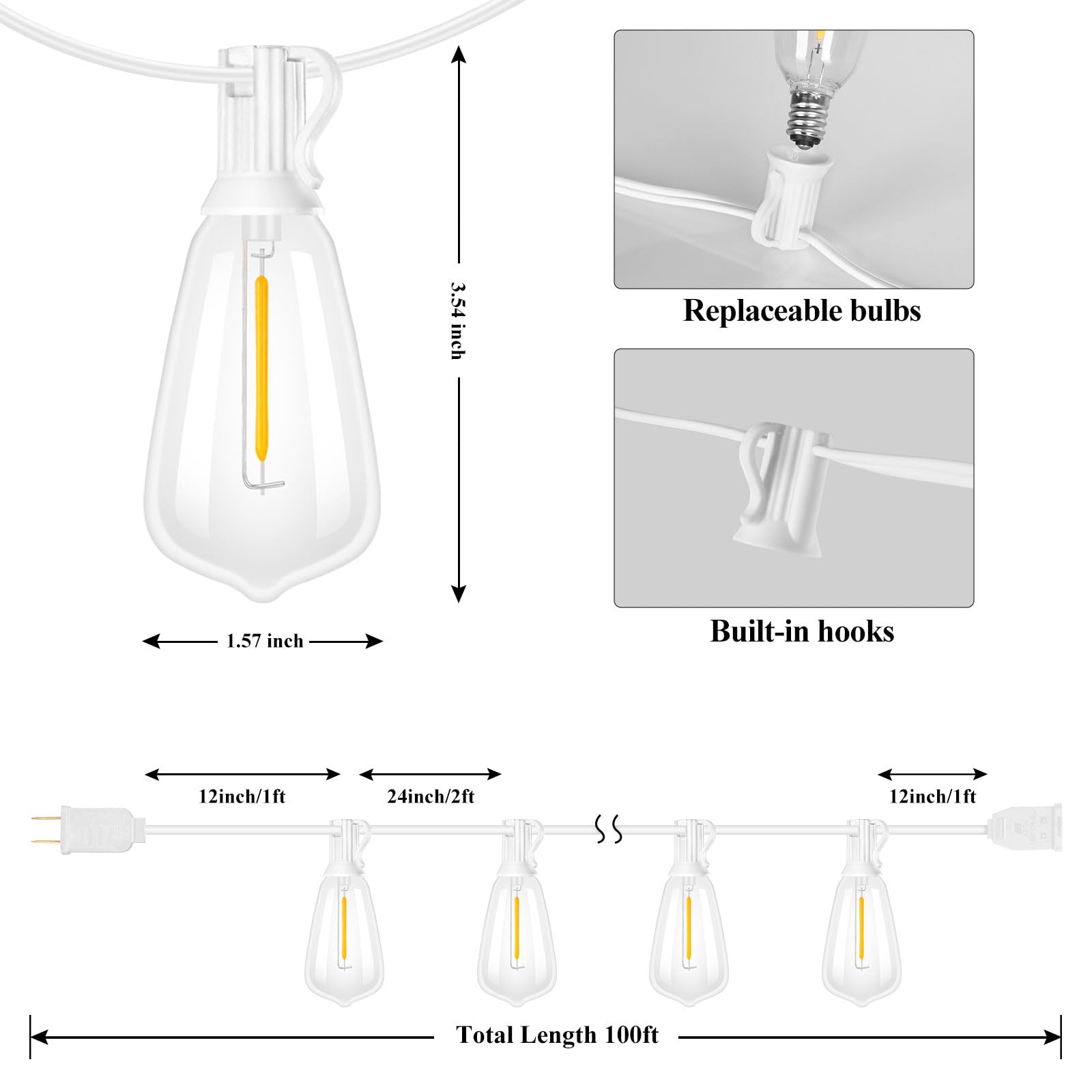 Brightever Led Outdoor String Lights,100Ft Patio Lights With 52 Shatterproof St38 Vintage Edison Bulbs 2700K Dimmable, Outside H