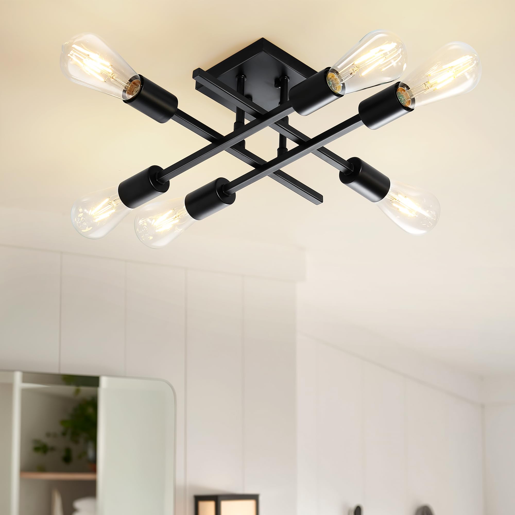 Eidonta 6-Light Semi Flush Mount Ceiling Light Fixture, Modern Black Sputnik Chandelier Lighting, Farmhouse E26 Stock Ceiling La