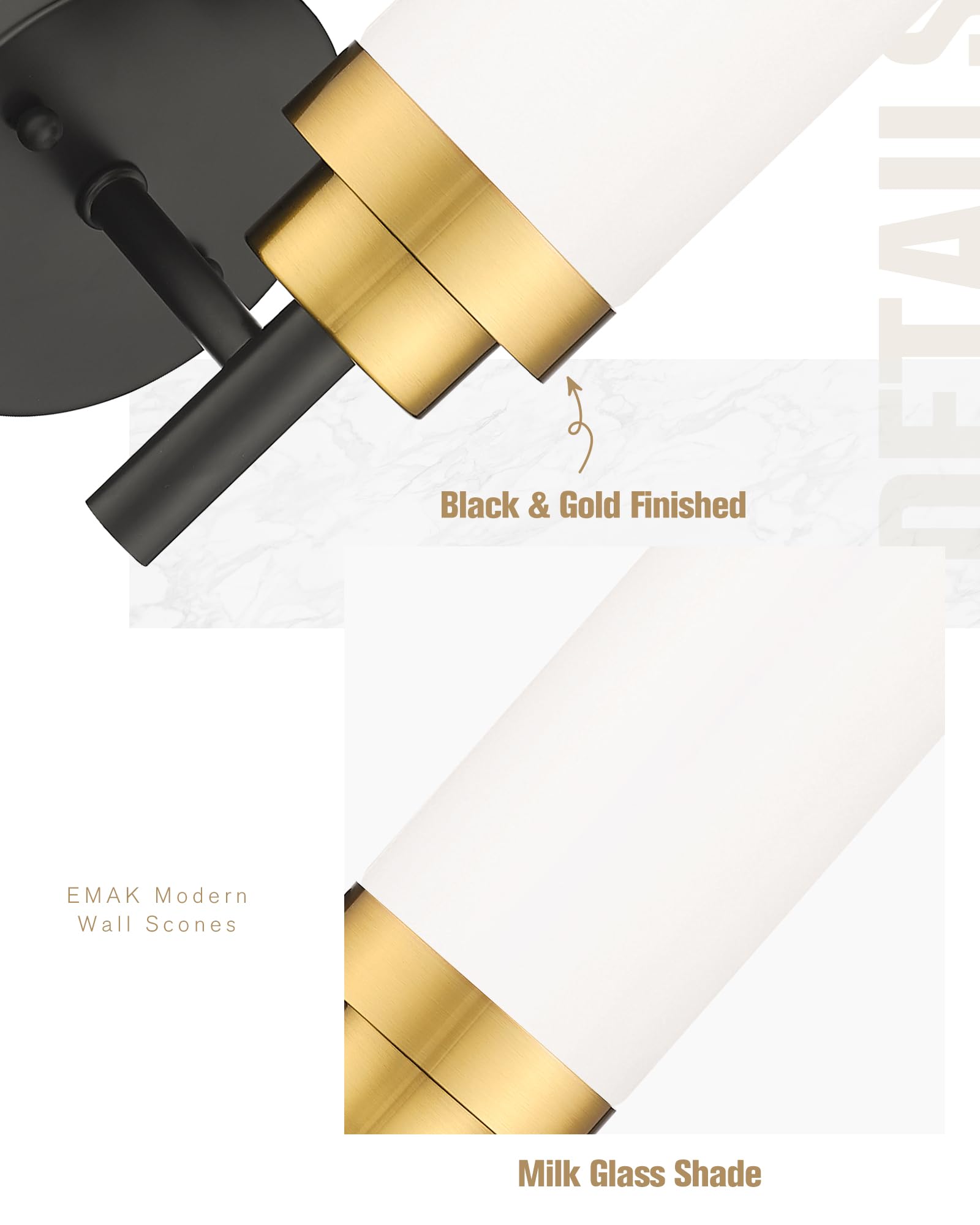 Emak Modern Wall Sconce, Black Gold Bathroom Light Fixtures With Milk Glass Shade, 2 Pack Wall Lamp For Bathroom, Bedroom, Livin