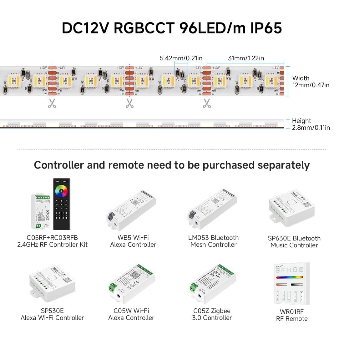 BTF-LIGHTING LED Tape Lights RGBCCT 5 Colors 5050SMD 16.4ft 480LED IP65 White PCB DC12V