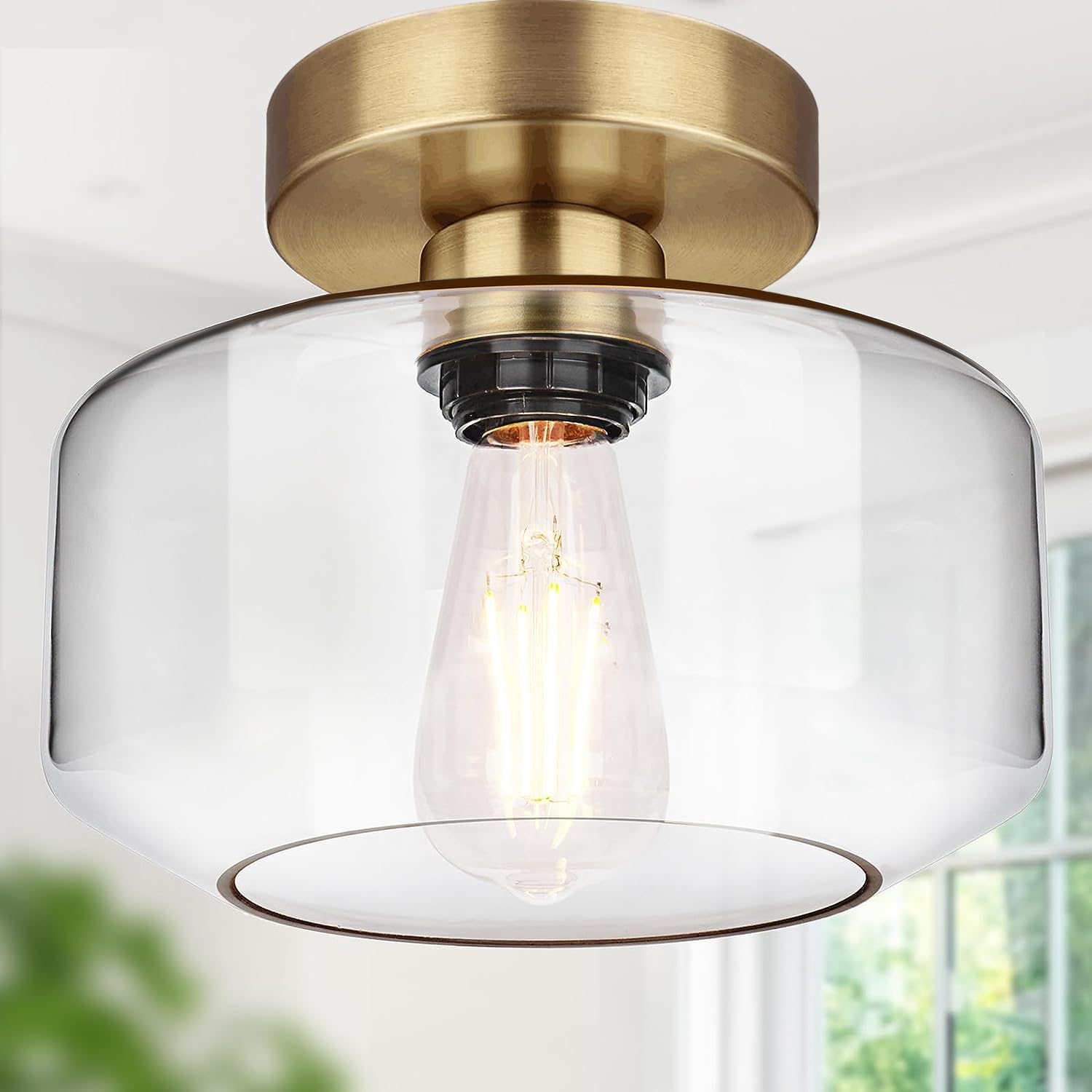 Industrial Semi Flush Mount Ceiling Light Brass, 800 Lumen LED Bulb Included, Clear Glass Shade Ceiling Light Fixture, Light Fix