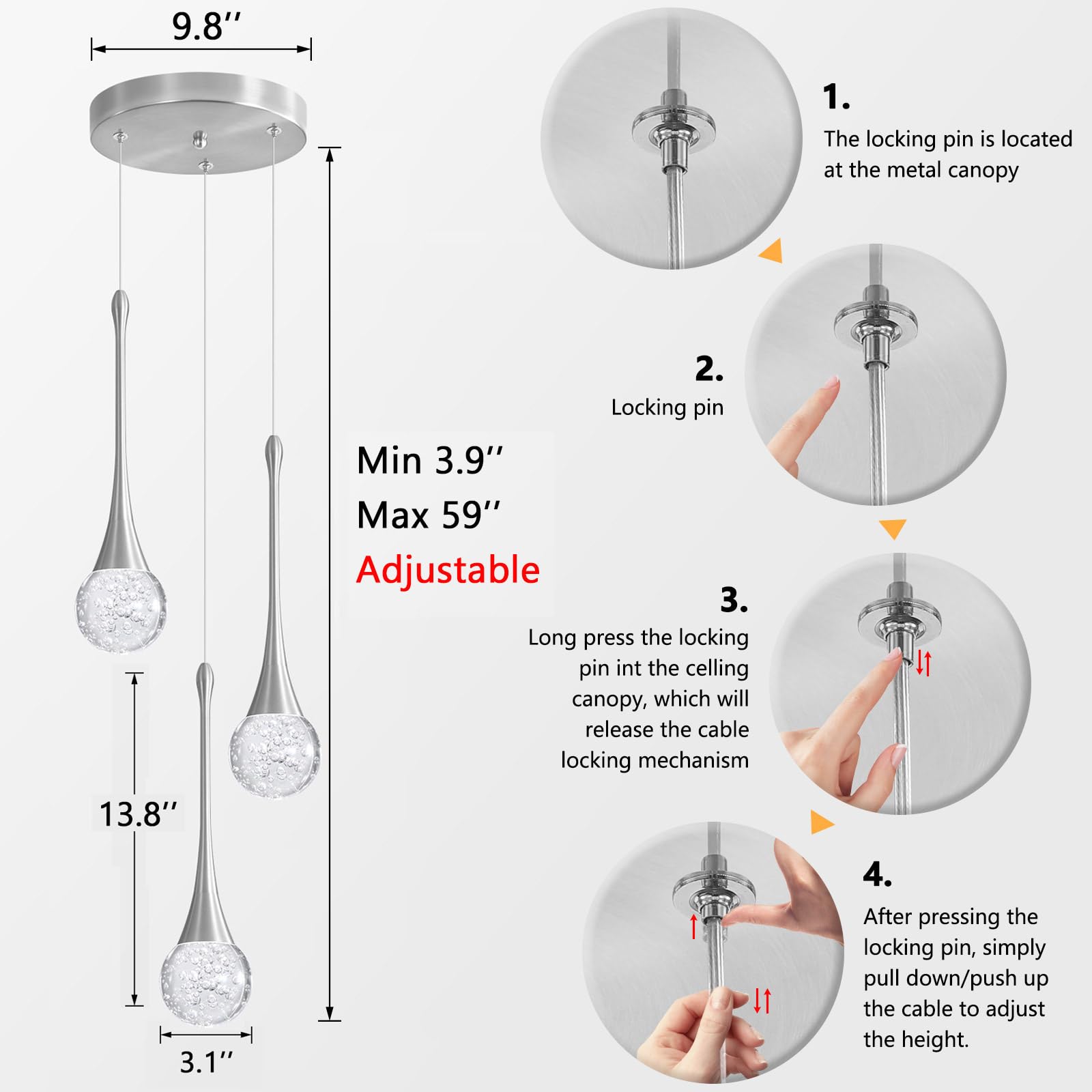 cenozo 3-Lights Pendant Light Chandelier, Dimmable LED, Crystal, Brushed Nickel, Model RS2037-3Y, Ideal for Kitchen, Dining Room, Bedroom