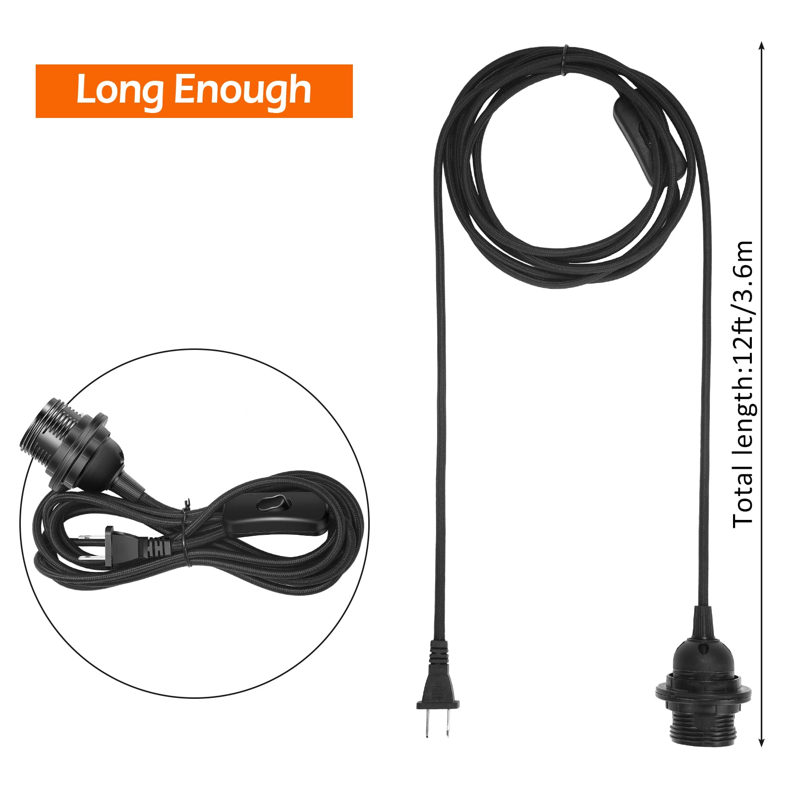 6 Pack Plug In Hanging Light Kit E26/E27 Extension Hanging Lantern Pendant Light Lamp Cord Cable 12 Ft Cord With On/Off Switch H