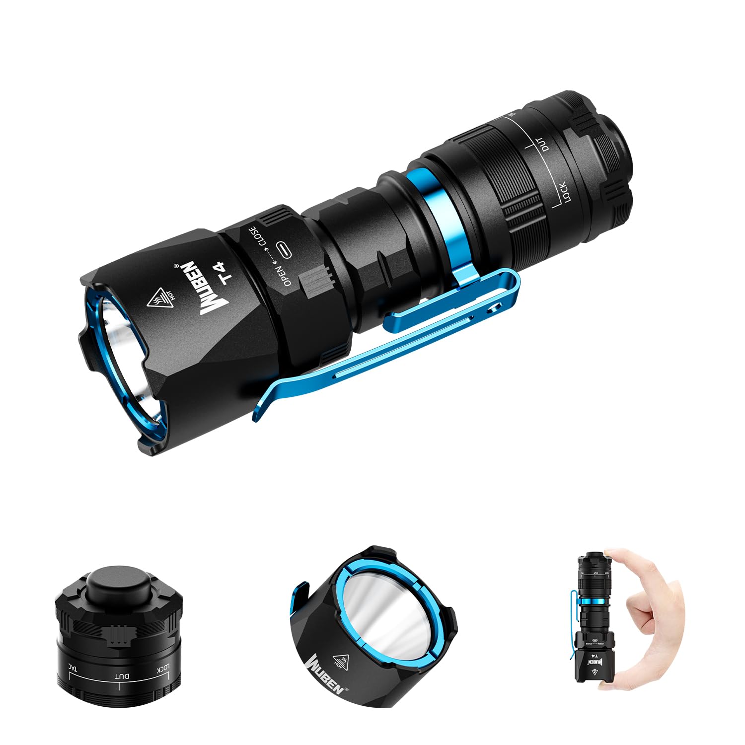 WUBEN T4 Tactical Flashlight Rechargeable, 401M Long Throw, Compact, Black, Aluminum
