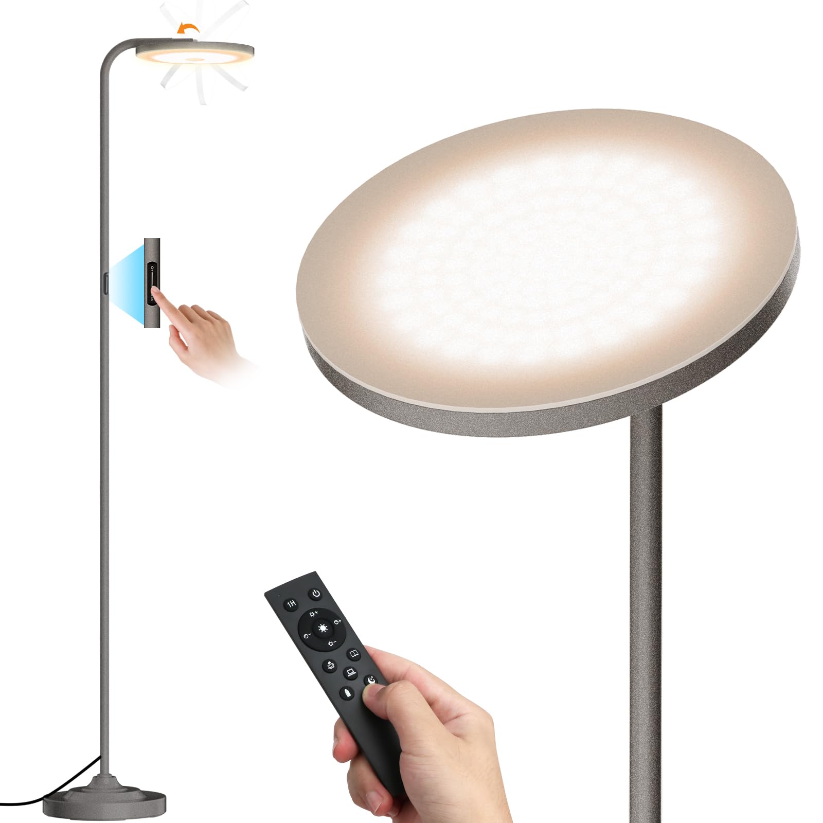 Sibrille 36W Led Floor Lamp, Super Bright Standing Lamp, Modern Stepless Dimmable Torchiere Lamp With Remote Control, 350Rotatin