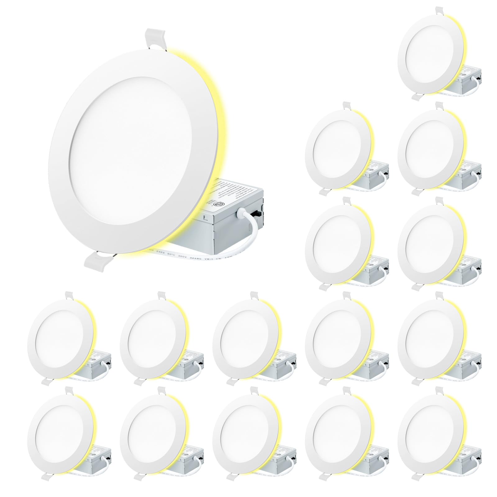 Eosmile 6 Inch White Recessed Lighting With Night Light 16Pack  Canless Wafer Ceiling Light  Dimmable  Etl Fcc  12W  120V  1100Lm  2700K-5000K 5Cct