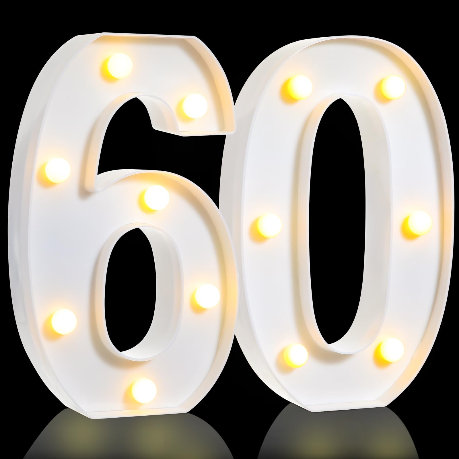 Treela LED Decorative Number Sign, Glitter Marquee for Birthdays, 60th Size, White, Model JR-Treela-4354