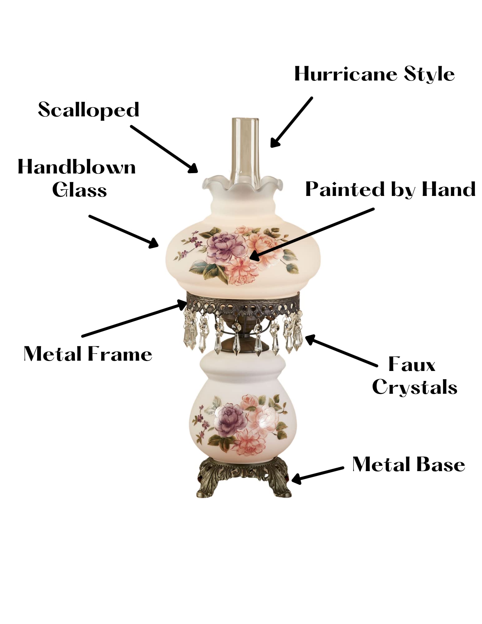 Touch Of Class Brook Floral Handpainted Hurricane Table Lamp White Floral Motifs - Metal Base, Glass Shade, Scalloped Edges - Vi