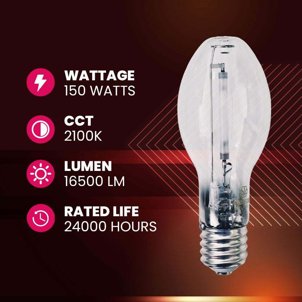 Gruotvszak Mogul Base (E39)  Lu150/Mog 150 Watt High Pressure Sodium Light Bulb  Ansi Code S55  16500 Lumen  24000 Life Hours  Ed23 Clear Bulb  2100K