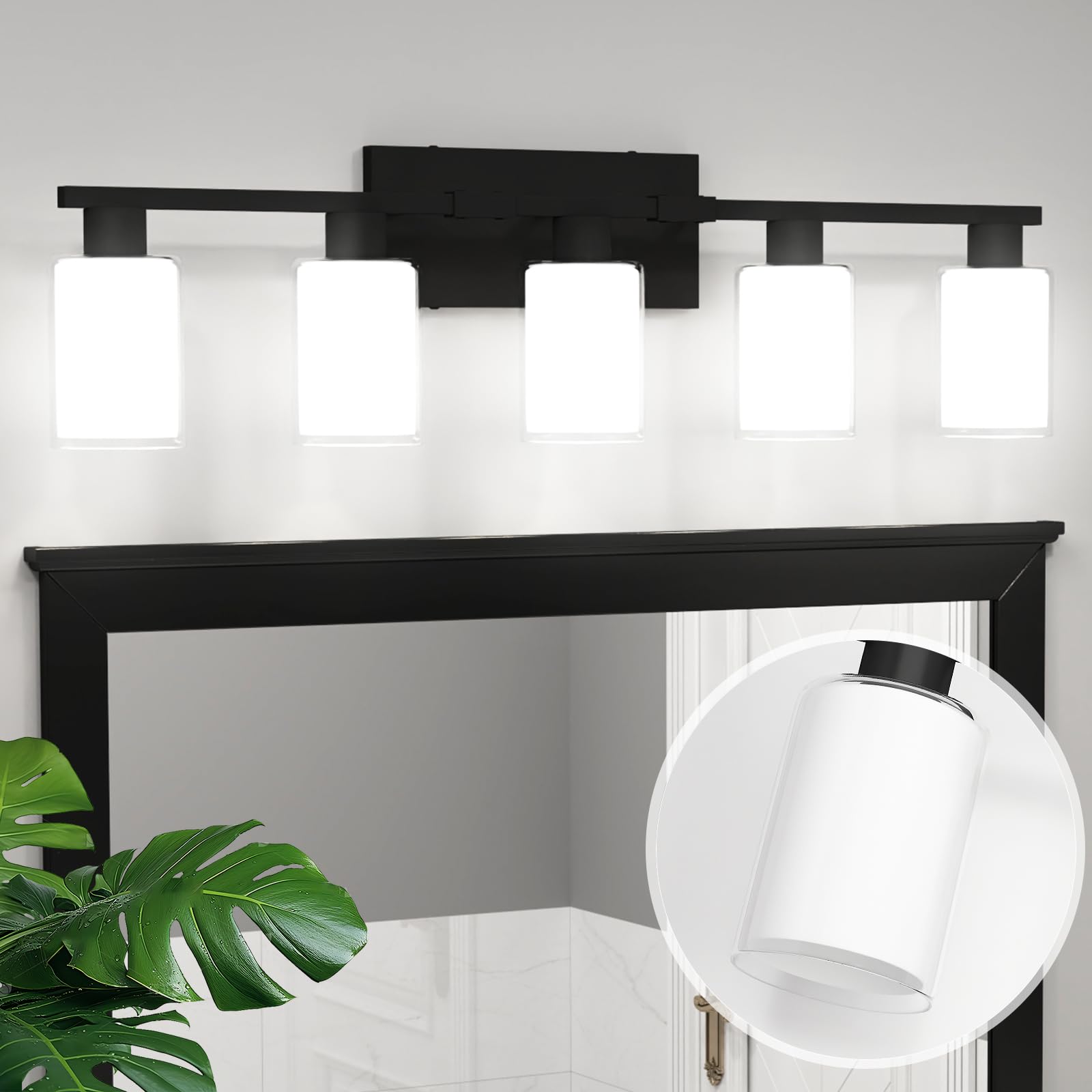 Zhizenl Bathroom Light Fixtures Over Mirror, 5 Lights Matte Black Vanity Lights With White Glass And Clear Glass Lampshade, Modern Black Bathroom Vanity Lights, Bath Wall Sconces Lighting