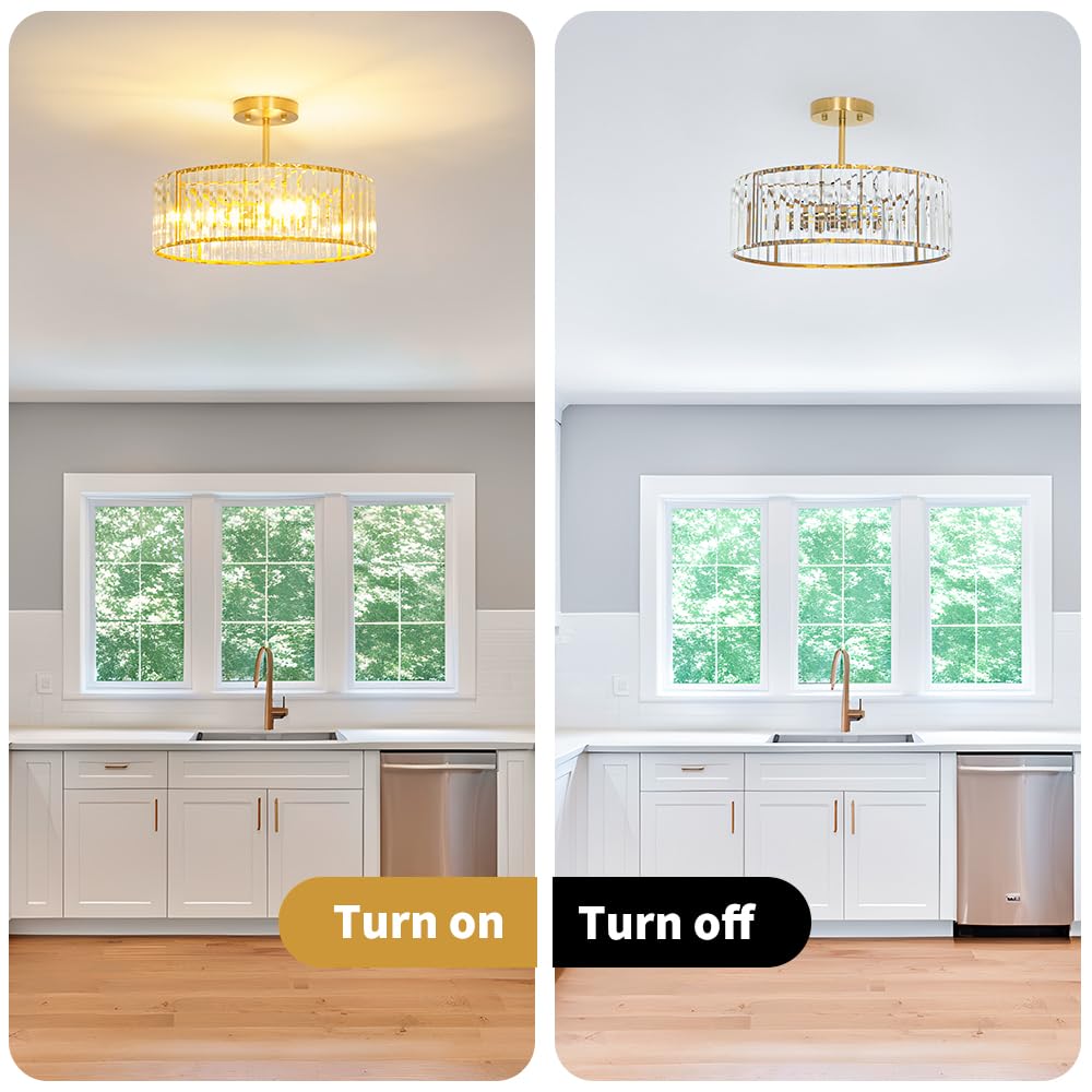 Modern Crystal Ceiling Light Fixture  Semi Flush Mount Ceiling Light  Brushed Brass Hallway Lighting Fixtures Chandelier  Crystal Chandelier For Kitchen Bedroom Dining Room Closet  5-Light  16 Inch