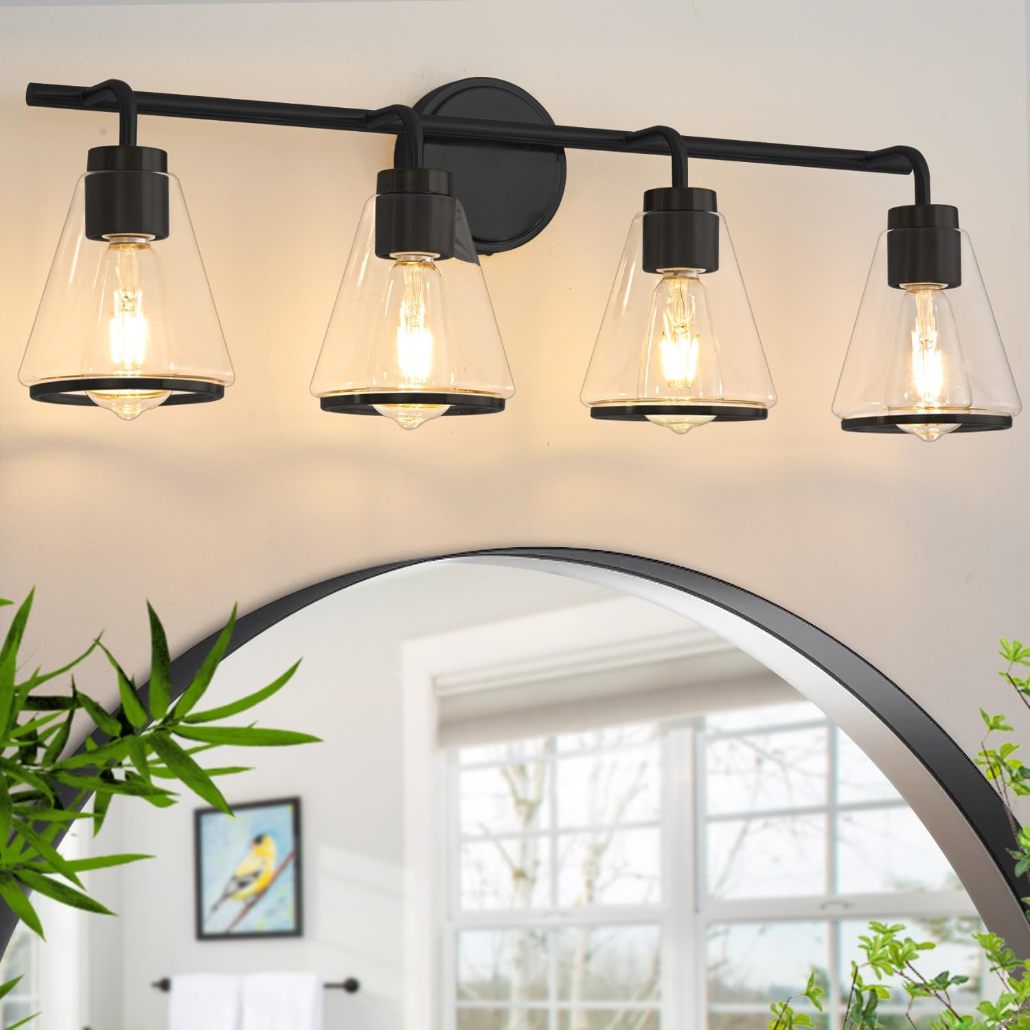 Nadosa Black Bathroom Light Fixtures 4 Light Bathroom Vanity Lights Over Mirror With Clear Glass Shade, 30 Inch Vanity Lights For Bathroom Modern Wall Sconce Lighting (Exclude E26 Bulb)